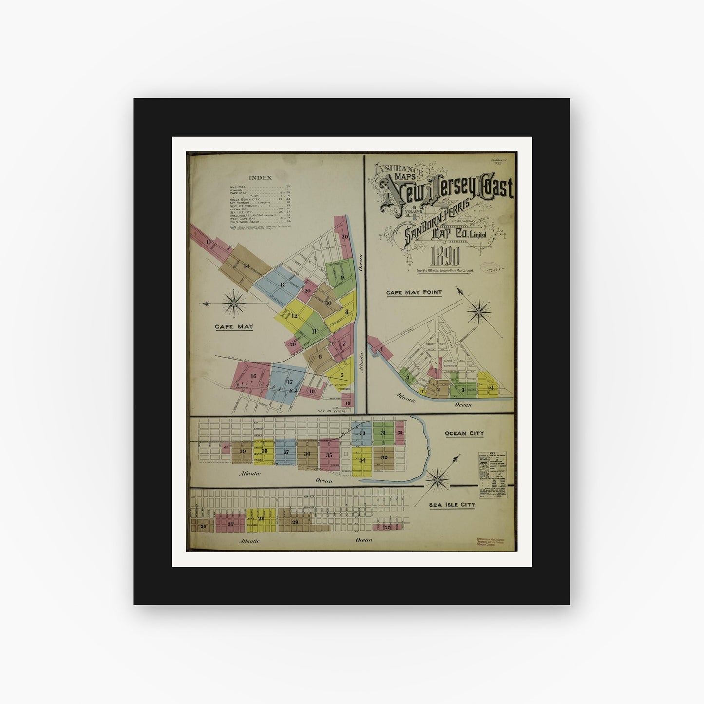 Old map wall art mockup — black gallery frame with white mat — Sanborn Fire Insurance Map from New Jersey Coast, New Jersey Coast, New Jersey (1890), Sheet #0001