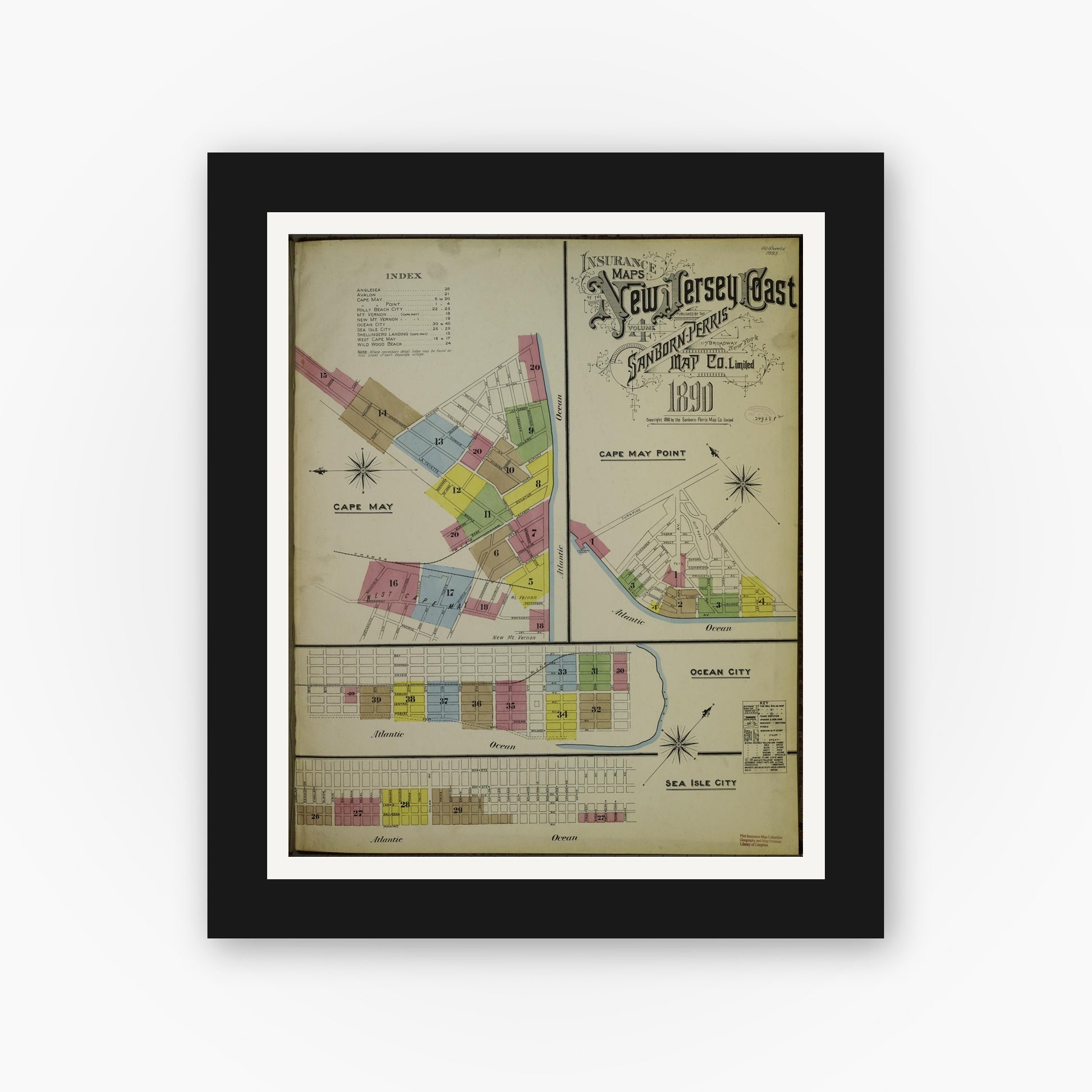 Old map wall art mockup — black gallery frame with white mat — Sanborn Fire Insurance Map from New Jersey Coast, New Jersey Coast, New Jersey (1890), Sheet #0001