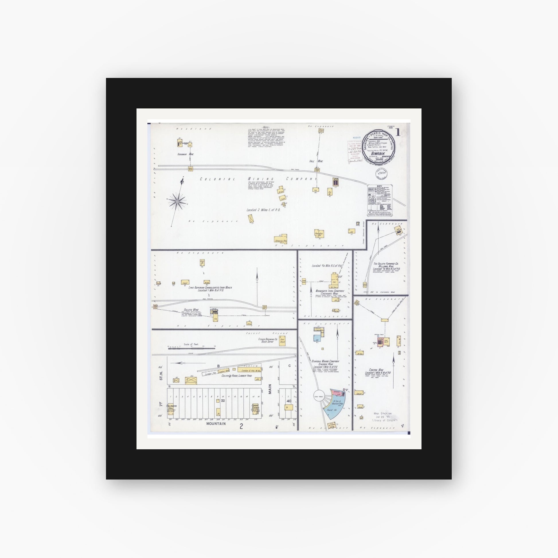 Old map wall art mockup — black gallery frame with white mat — Sanborn Fire Insurance Map from Biwabik, Saint Louis County, Minnesota (1900), Sheet #0001