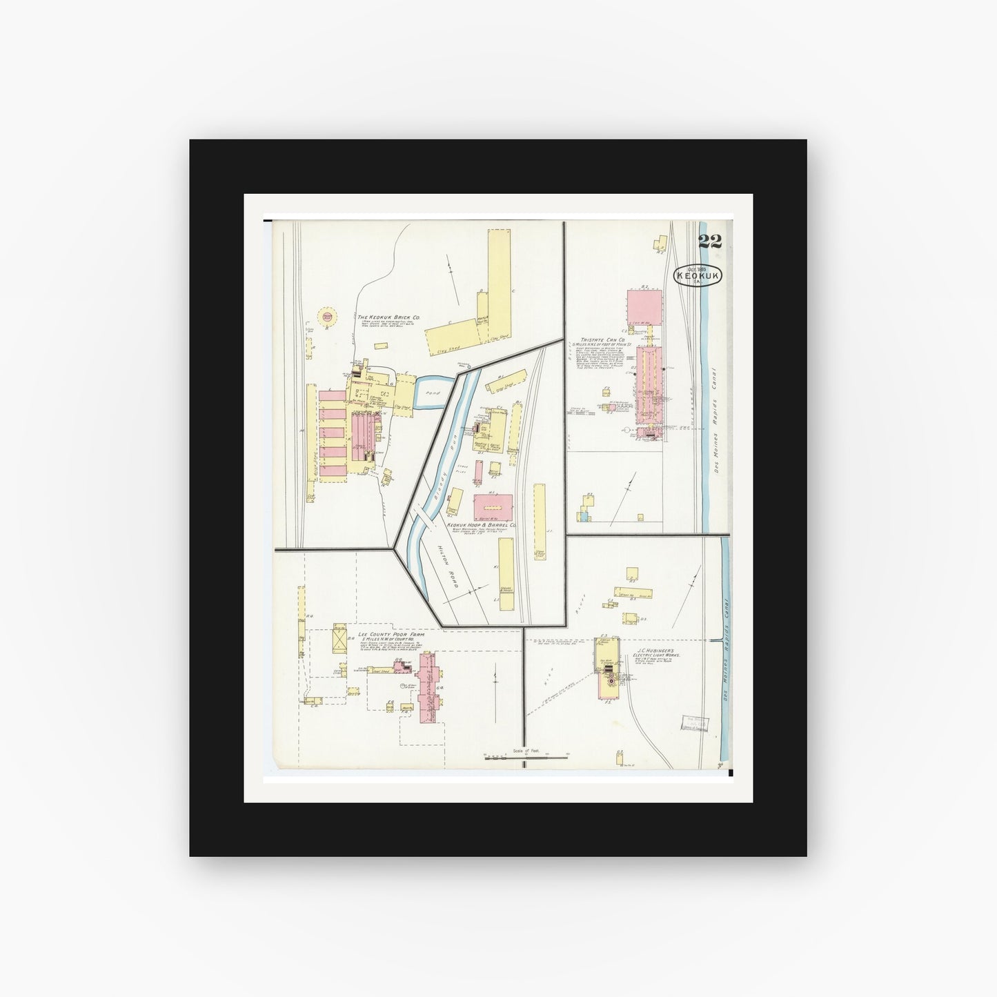 Old map wall art mockup — black gallery frame with white mat — Sanborn Fire Insurance Map from Keokuk, Lee County, Iowa (1893), Sheet #0022