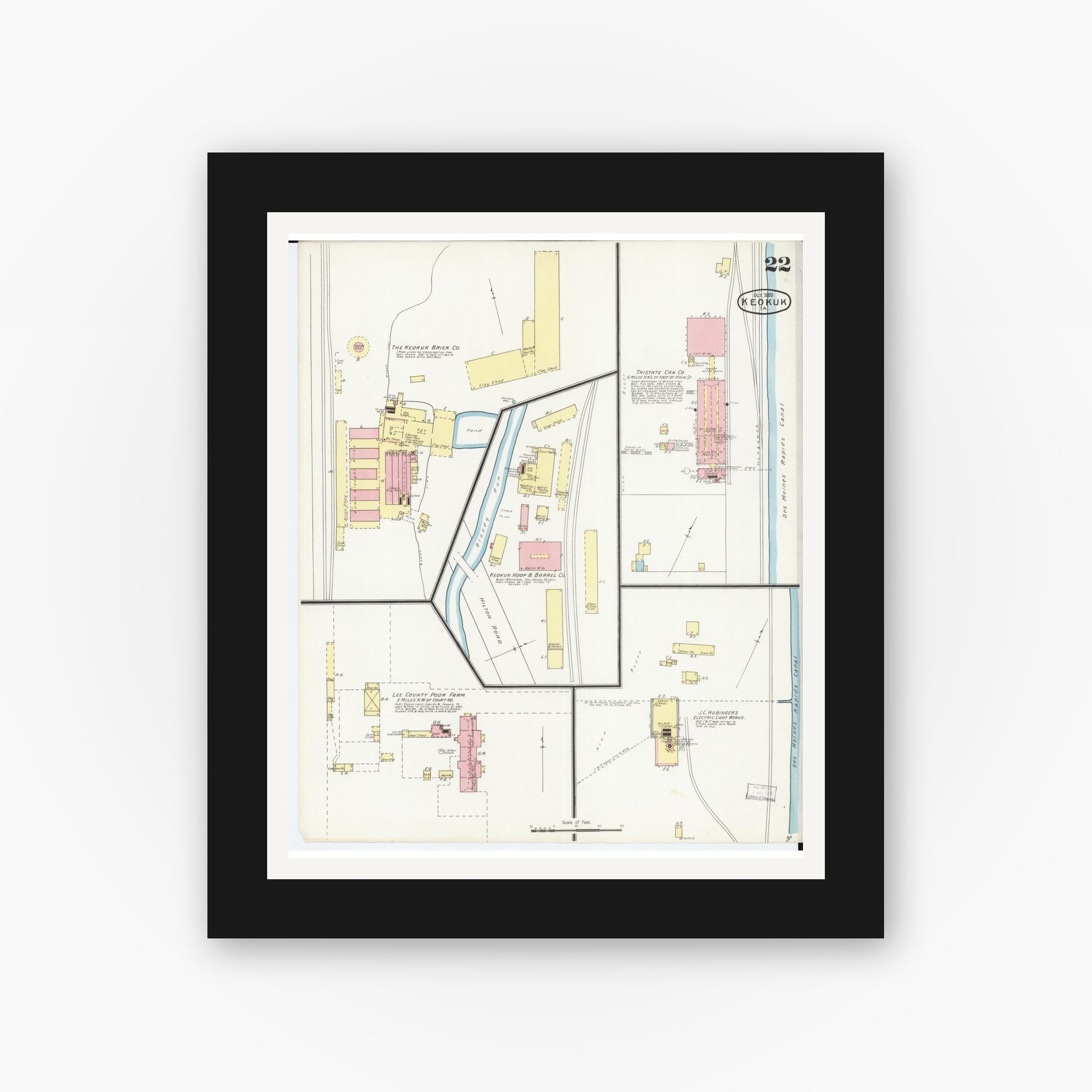 Old map wall art mockup — black gallery frame with white mat — Sanborn Fire Insurance Map from Keokuk, Lee County, Iowa (1893), Sheet #0022