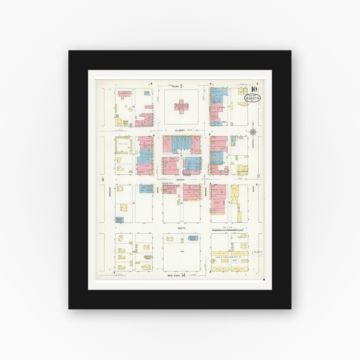Old map wall art mockup — black gallery frame with white mat — Sanborn Fire Insurance Map from Henrietta, Clay County, Texas (1912), Sheet #0010
