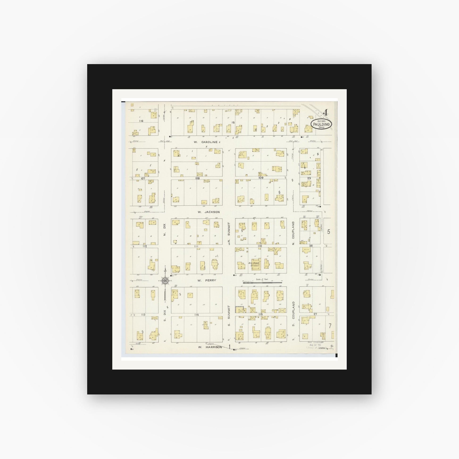 Old map wall art mockup — black gallery frame with white mat — Sanborn Fire Insurance Map from Paulding, Paulding County, Ohio (1913), Sheet #0004