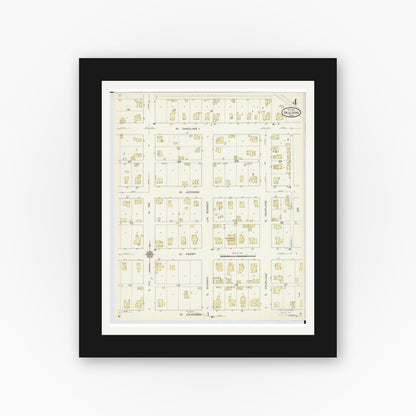 Old map wall art mockup — black gallery frame with white mat — Sanborn Fire Insurance Map from Paulding, Paulding County, Ohio (1913), Sheet #0004