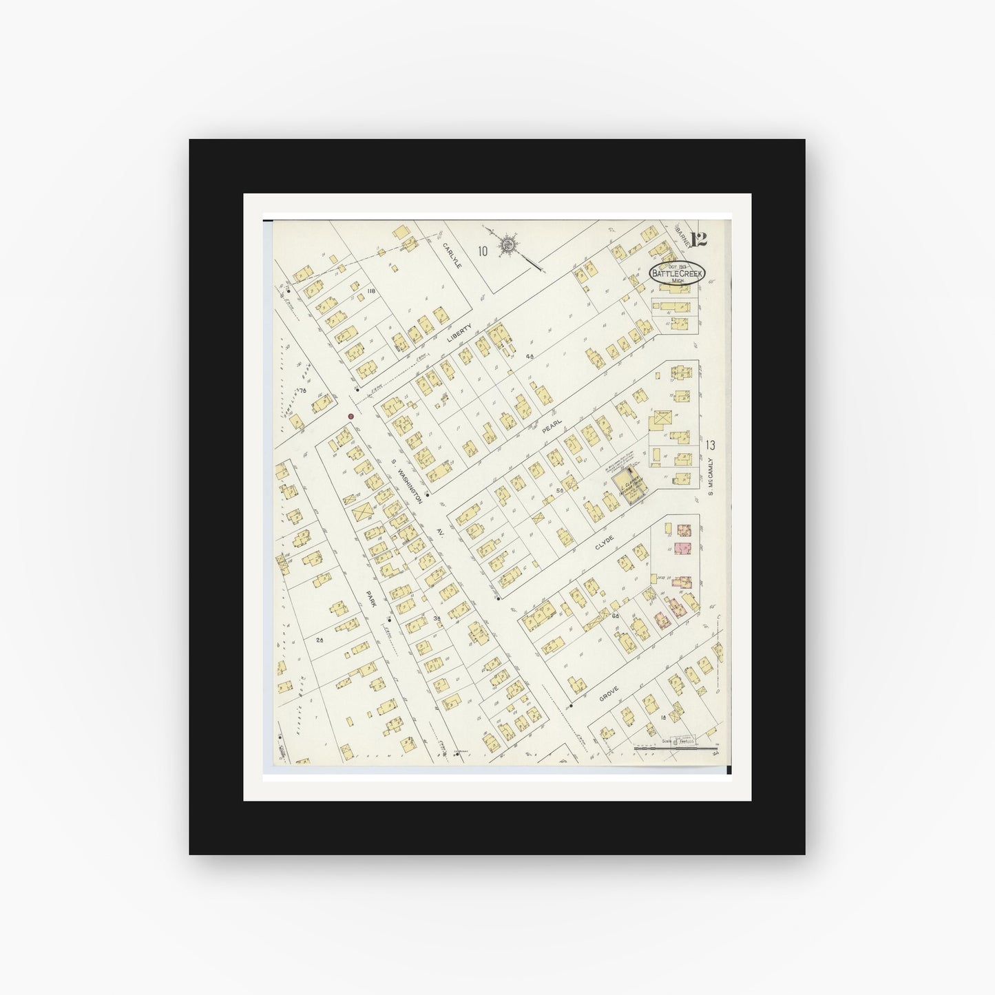 Old map wall art mockup — black gallery frame with white mat — Sanborn Fire Insurance Map from Battle Creek, Calhoun County, Michigan (1913), Sheet #0012