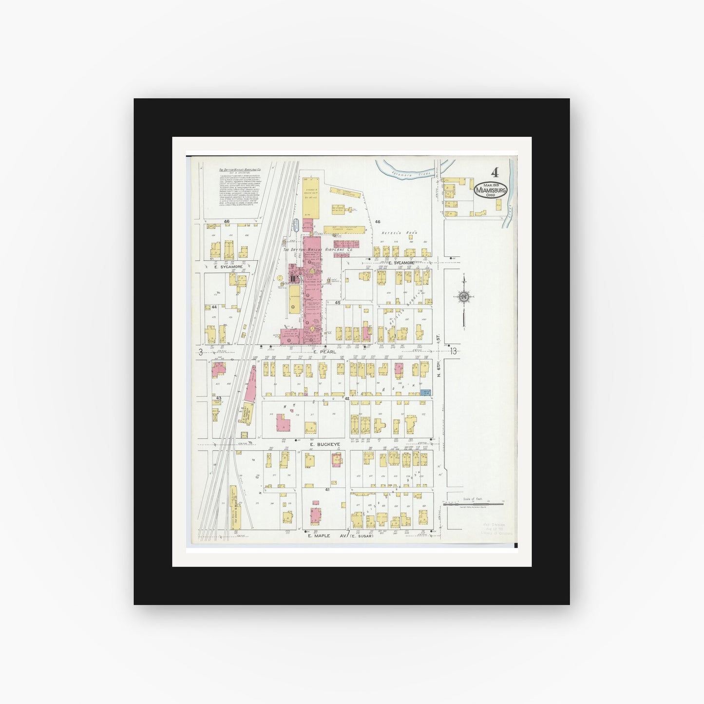 Old map wall art mockup — black gallery frame with white mat — Sanborn Fire Insurance Map from Miamisburg, Montgomery County, Ohio (1919), Sheet #0004