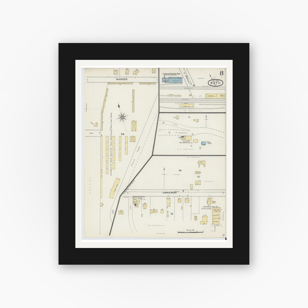 Old map wall art mockup — black gallery frame with white mat — Sanborn Fire Insurance Map from Bath, Steuben County, New York (1893), Sheet #0008