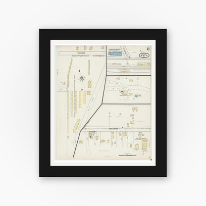 Old map wall art mockup — black gallery frame with white mat — Sanborn Fire Insurance Map from Bath, Steuben County, New York (1893), Sheet #0008