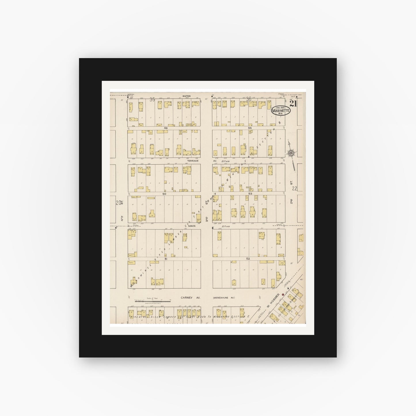 Old map wall art mockup — black gallery frame with white mat — Sanborn Fire Insurance Map from Marinette, Marinette County, Wisconsin (1921), Sheet #0021