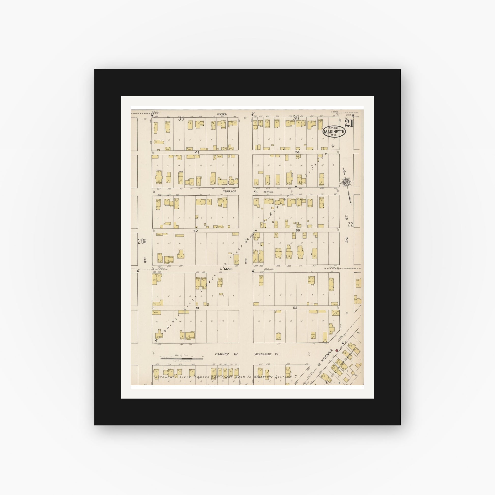 Old map wall art mockup — black gallery frame with white mat — Sanborn Fire Insurance Map from Marinette, Marinette County, Wisconsin (1921), Sheet #0021