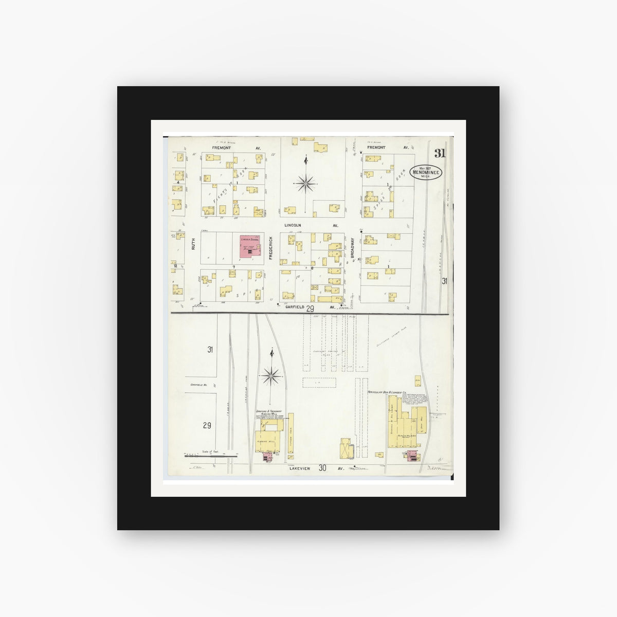 Old map wall art mockup — black gallery frame with white mat — Sanborn Fire Insurance Map from Menominee, Menominee County, Michigan (1907), Sheet #0031