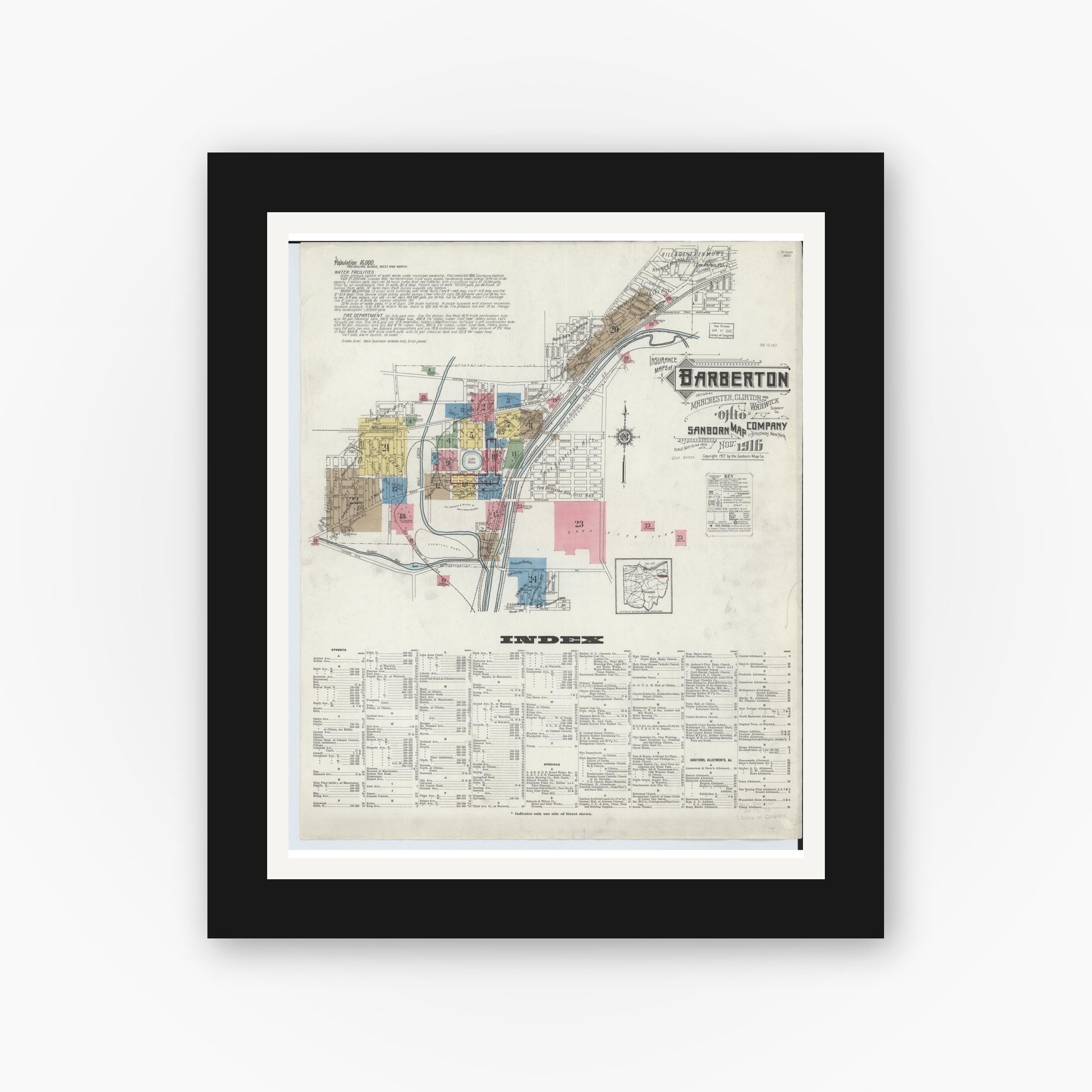 Old map wall art mockup — black gallery frame with white mat — Sanborn Fire Insurance Map from Barberton, Summit County, Ohio (1916), Sheet #0001