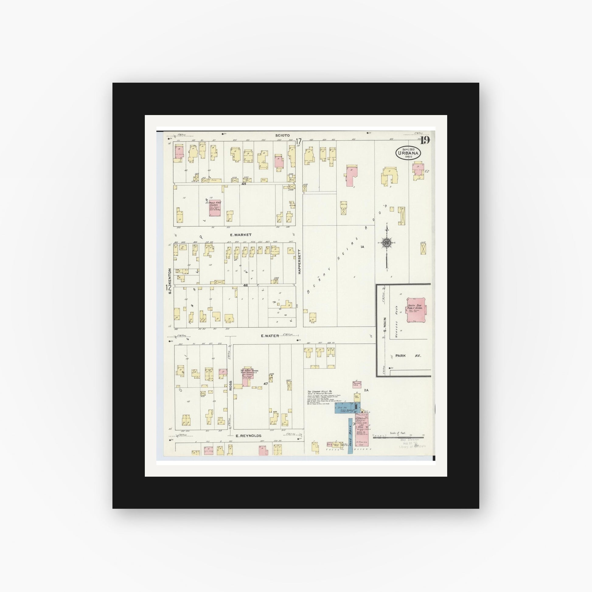 Old map wall art mockup — black gallery frame with white mat — Sanborn Fire Insurance Map from Urbana, Champaign County, Ohio (1910), Sheet #0019
