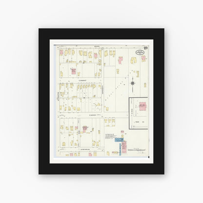 Old map wall art mockup — black gallery frame with white mat — Sanborn Fire Insurance Map from Urbana, Champaign County, Ohio (1910), Sheet #0019