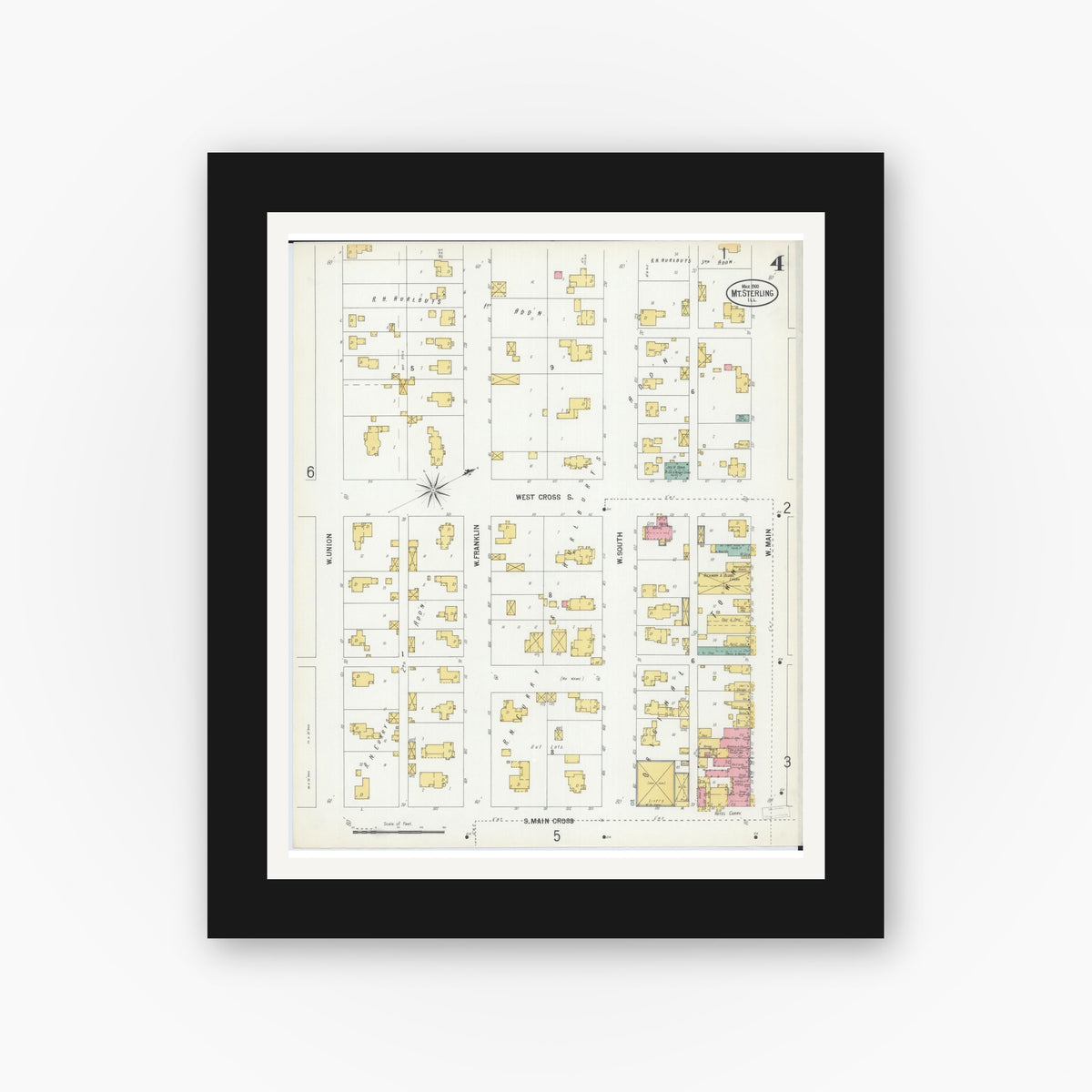Old map wall art mockup — black gallery frame with white mat — Sanborn Fire Insurance Map from Mount Sterling, Brown County, Illinois (1900), Sheet #0004