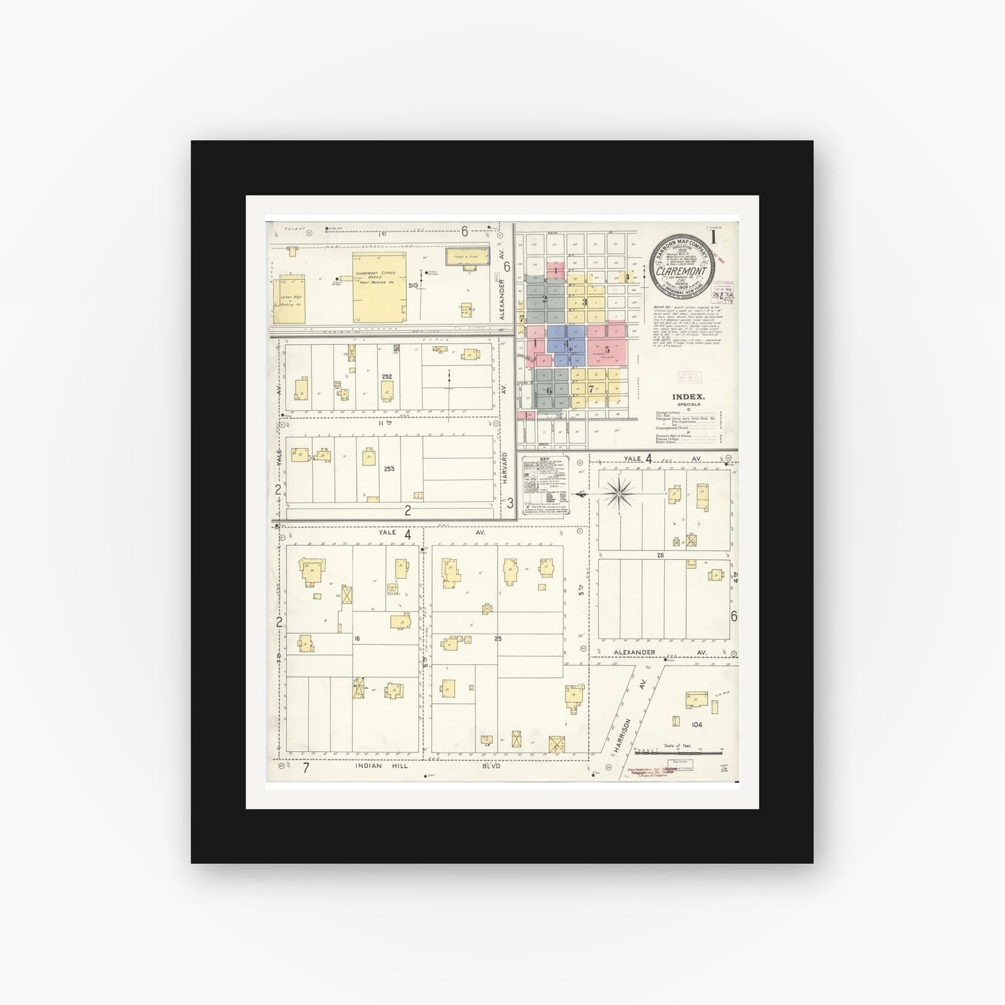 Old map wall art mockup — black gallery frame with white mat — Sanborn Fire Insurance Map from Claremont, Los Angeles County, California (1909) - Complete Map Set
