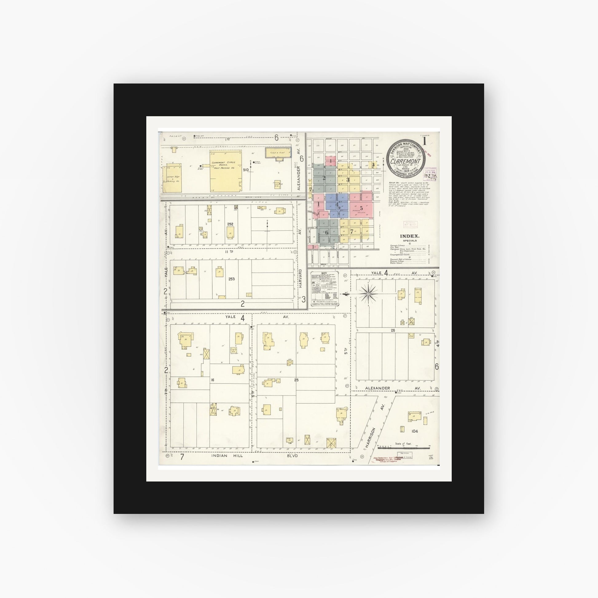 Old map wall art mockup — black gallery frame with white mat — Sanborn Fire Insurance Map from Claremont, Los Angeles County, California (1909) - Complete Map Set