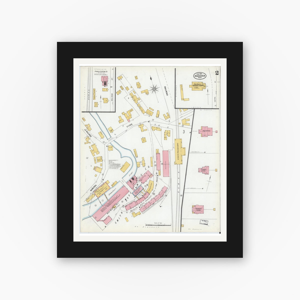 Old map wall art mockup — black gallery frame with white mat — Sanborn Fire Insurance Map from Andover, Essex County, Massachusetts (1901), Sheet #0002