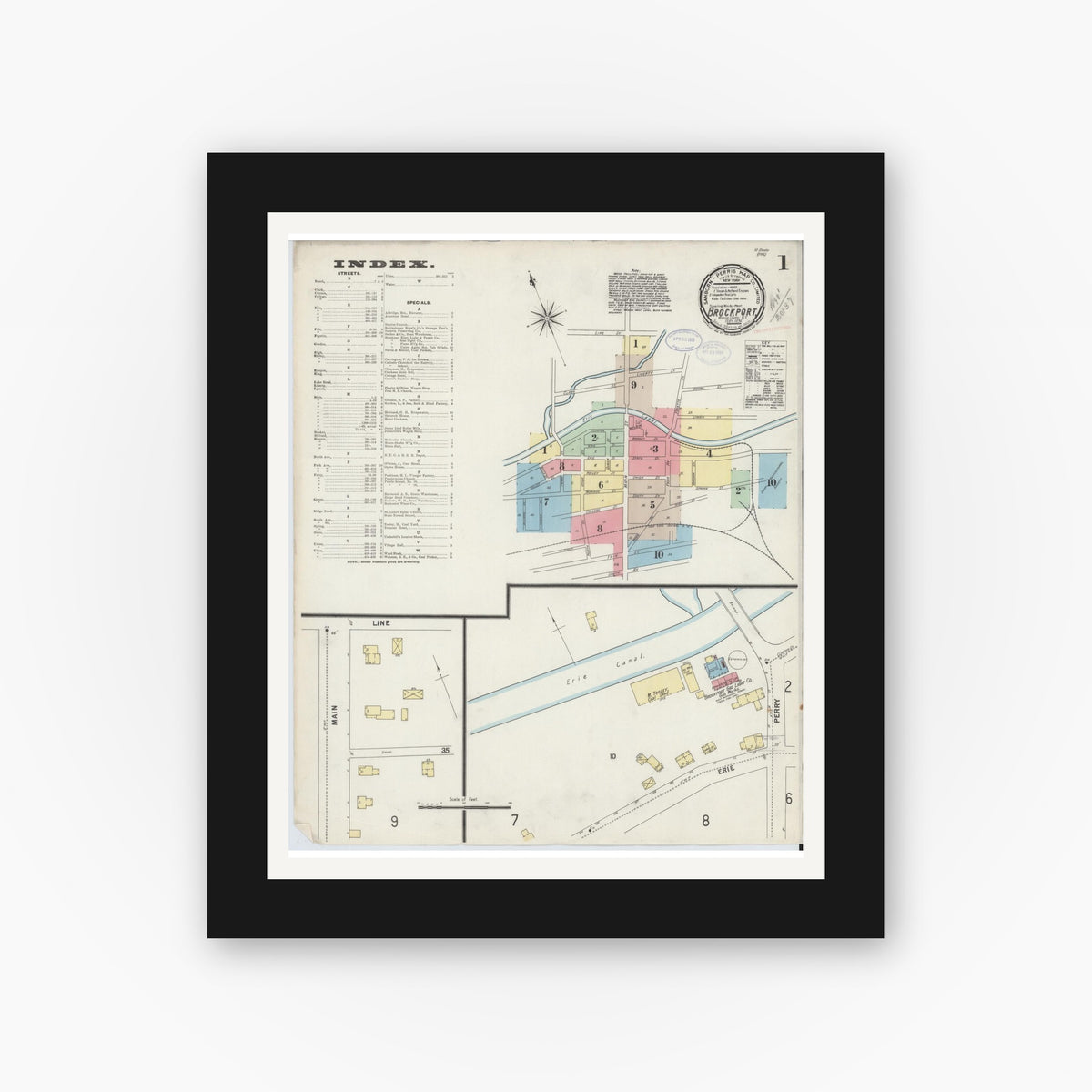 Old map wall art mockup — black gallery frame with white mat — Sanborn Fire Insurance Map from Brockport, Monroe County, New York (1898), Sheet #0001