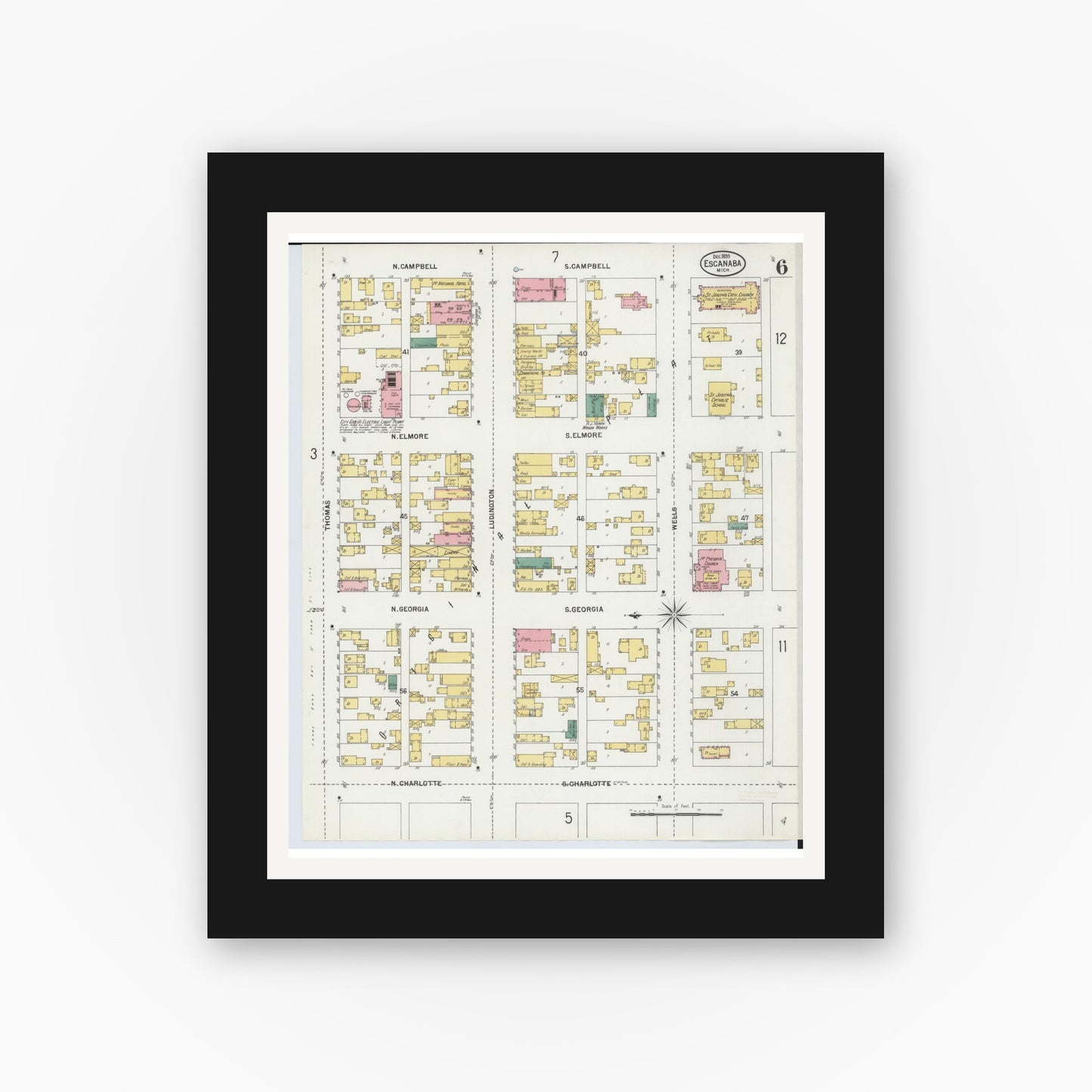 Old map wall art mockup — black gallery frame with white mat — Sanborn Fire Insurance Map from Escanaba, Delta County, Michigan (1899), Sheet #0006