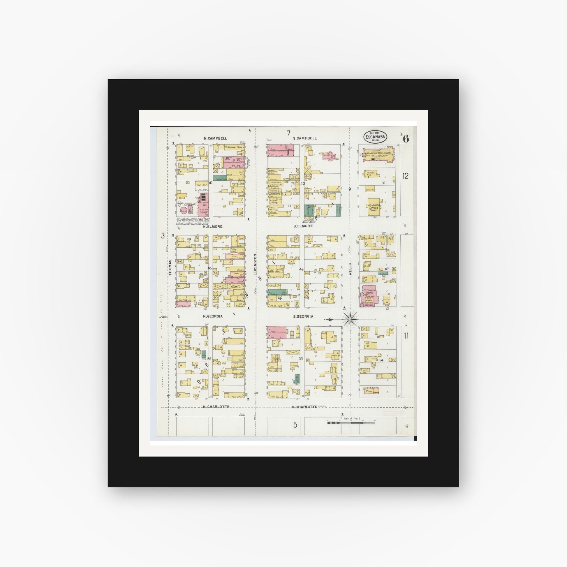 Old map wall art mockup — black gallery frame with white mat — Sanborn Fire Insurance Map from Escanaba, Delta County, Michigan (1899), Sheet #0006