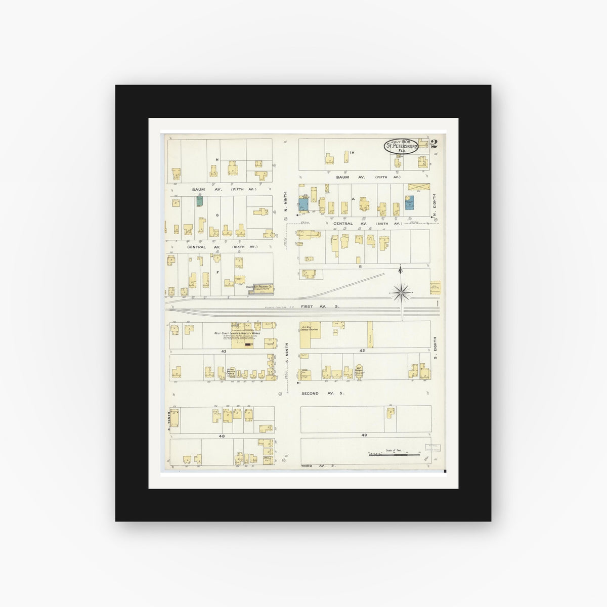 Old map wall art mockup — black gallery frame with white mat — Sanborn Fire Insurance Map from Saint Petersburg, Pinellas County, Florida (1908), Sheet #0002