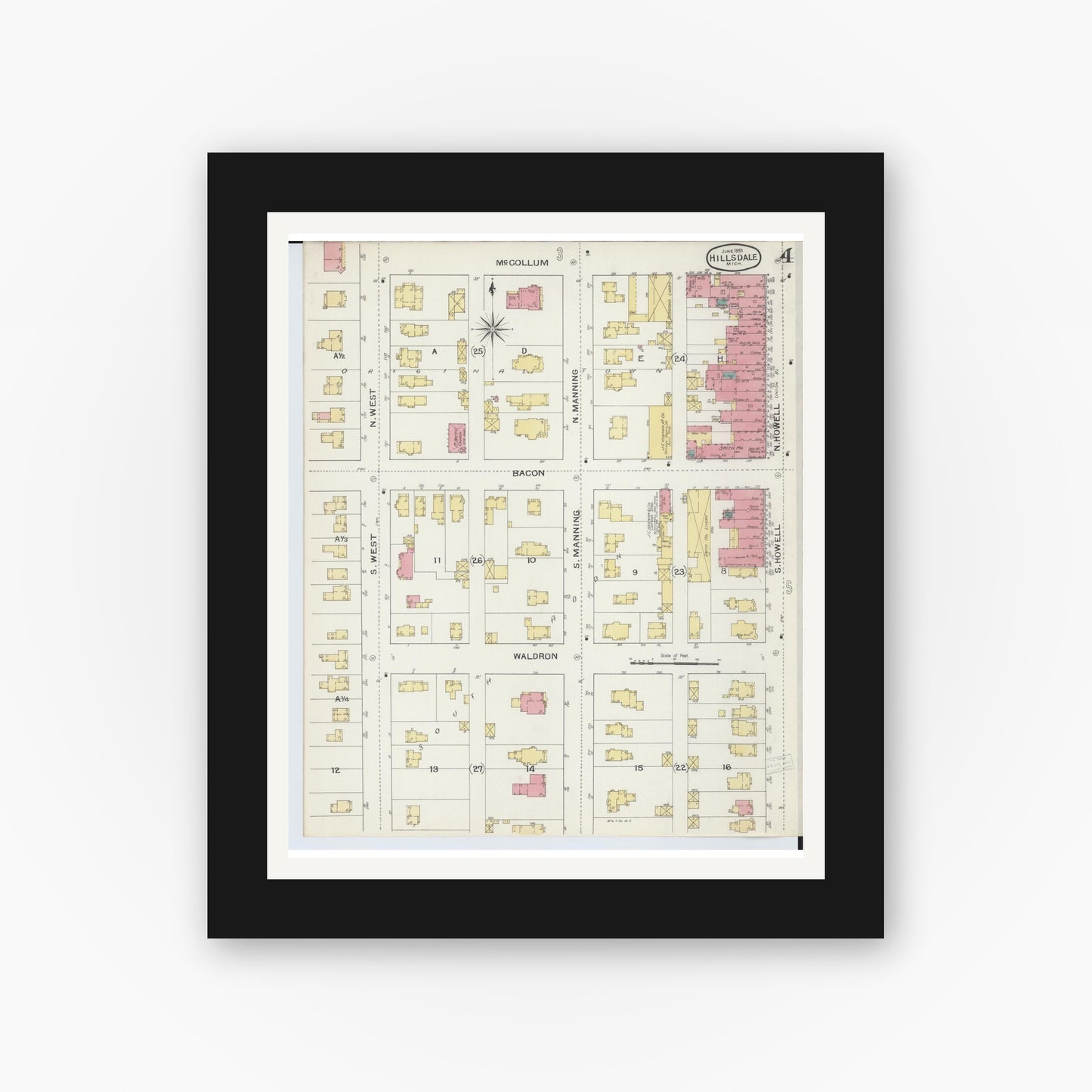 Old map wall art mockup — black gallery frame with white mat — Sanborn Fire Insurance Map from Hillsdale, Hillsdale County, Michigan (1893), Sheet #0004