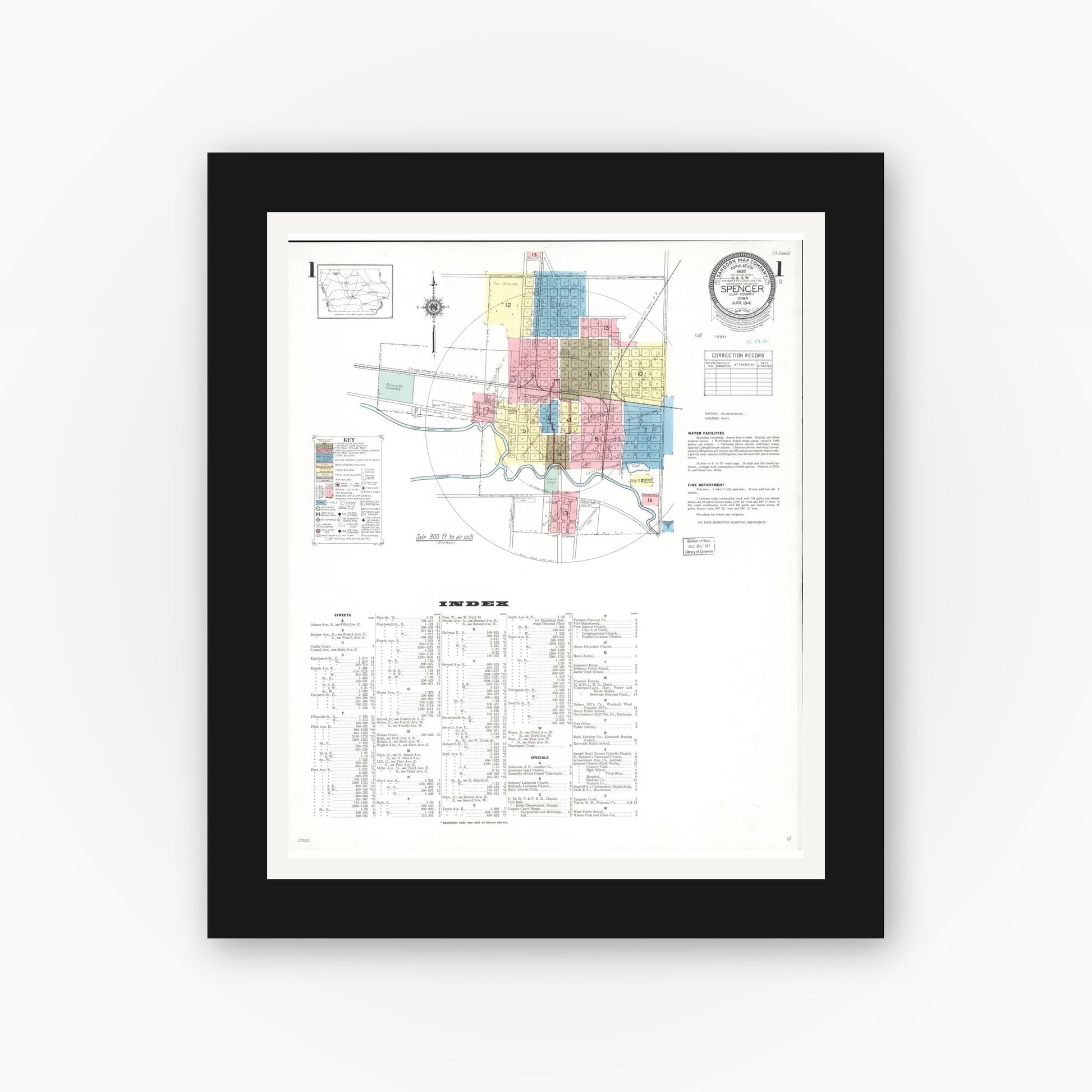 Old map wall art mockup — black gallery frame with white mat — Sanborn Fire Insurance Map from Spencer, Clay County, Iowa (1941) â€” Complete Set