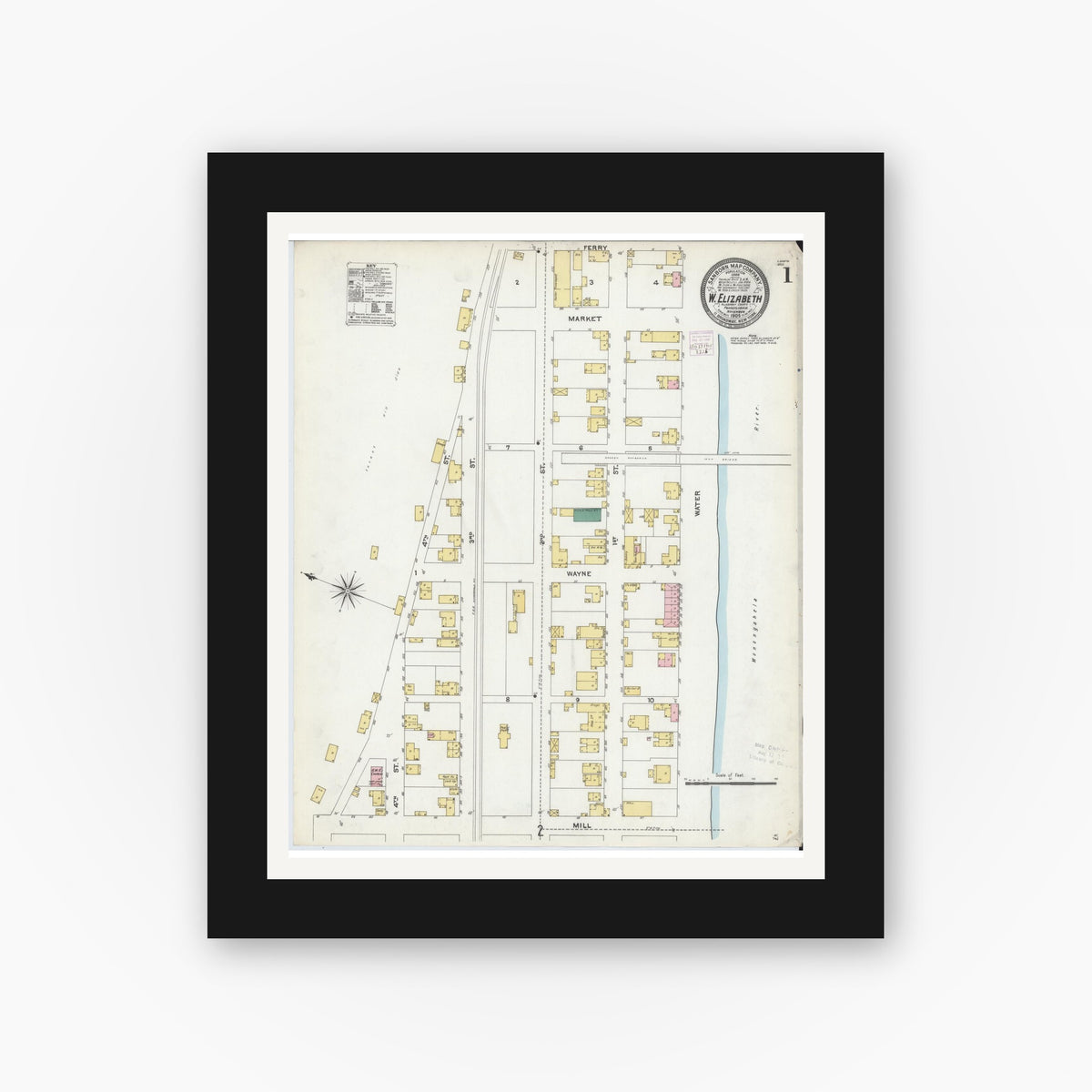 Old map wall art mockup — black gallery frame with white mat — Sanborn Fire Insurance Map from West Elizabeth, Allegheny County, Pennsylvania (1905) - Complete Map Set