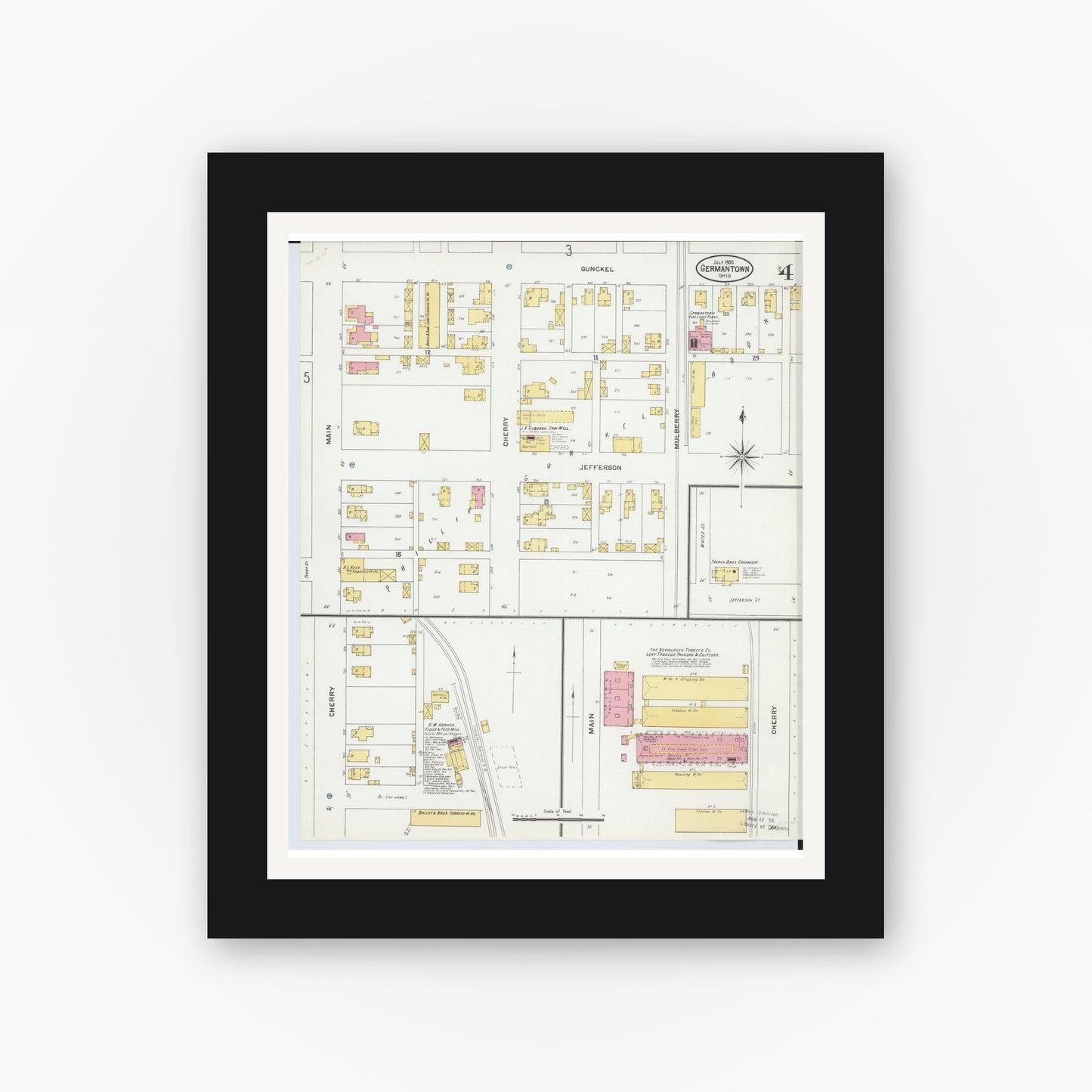 Old map wall art mockup — black gallery frame with white mat — Sanborn Fire Insurance Map from Germantown, Montgomery County, Ohio (1905), Sheet #0004