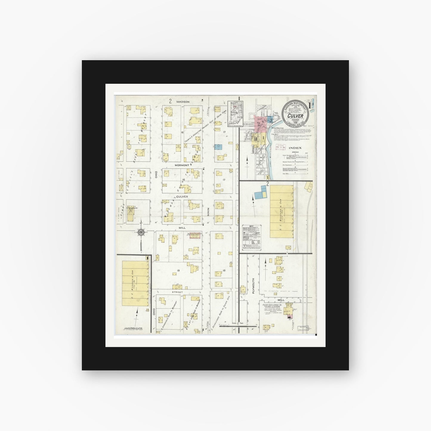 Old map wall art mockup — black gallery frame with white mat — Sanborn Fire Insurance Map from Culver, Marshall County, Indiana (1914) - Complete Map Set