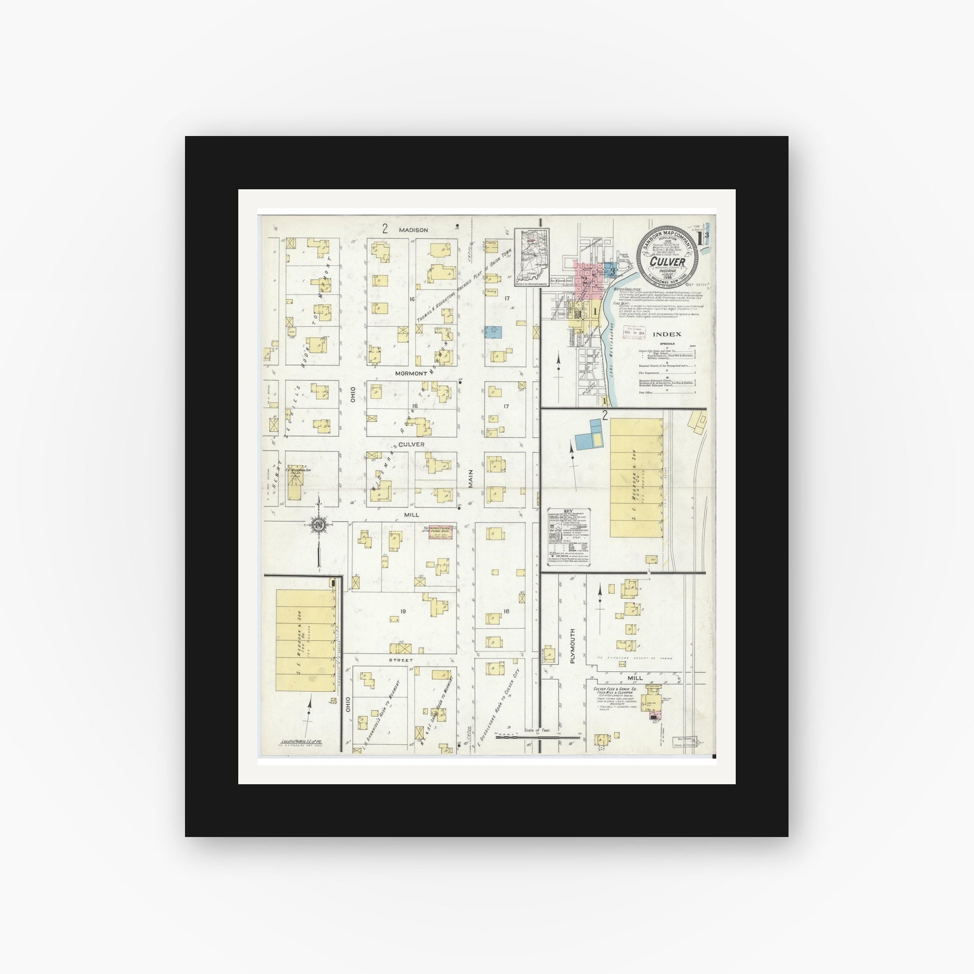 Old map wall art mockup — black gallery frame with white mat — Sanborn Fire Insurance Map from Culver, Marshall County, Indiana (1914) - Complete Map Set