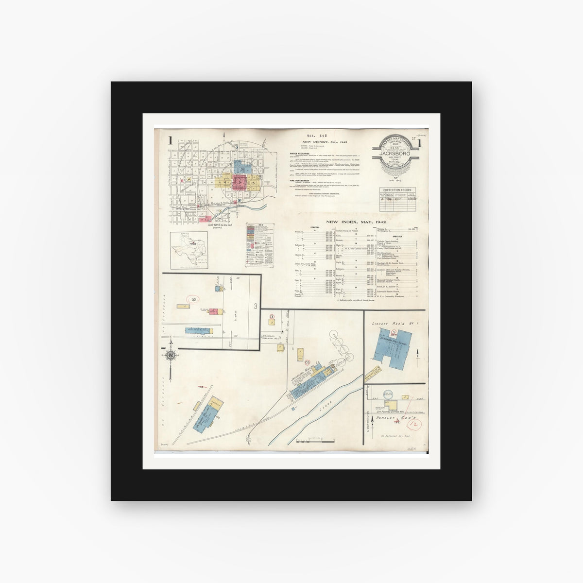 Old map wall art mockup — black gallery frame with white mat — Sanborn Fire Insurance Map from Jacksboro, Jack County, Texas (1942), Sheet #0001