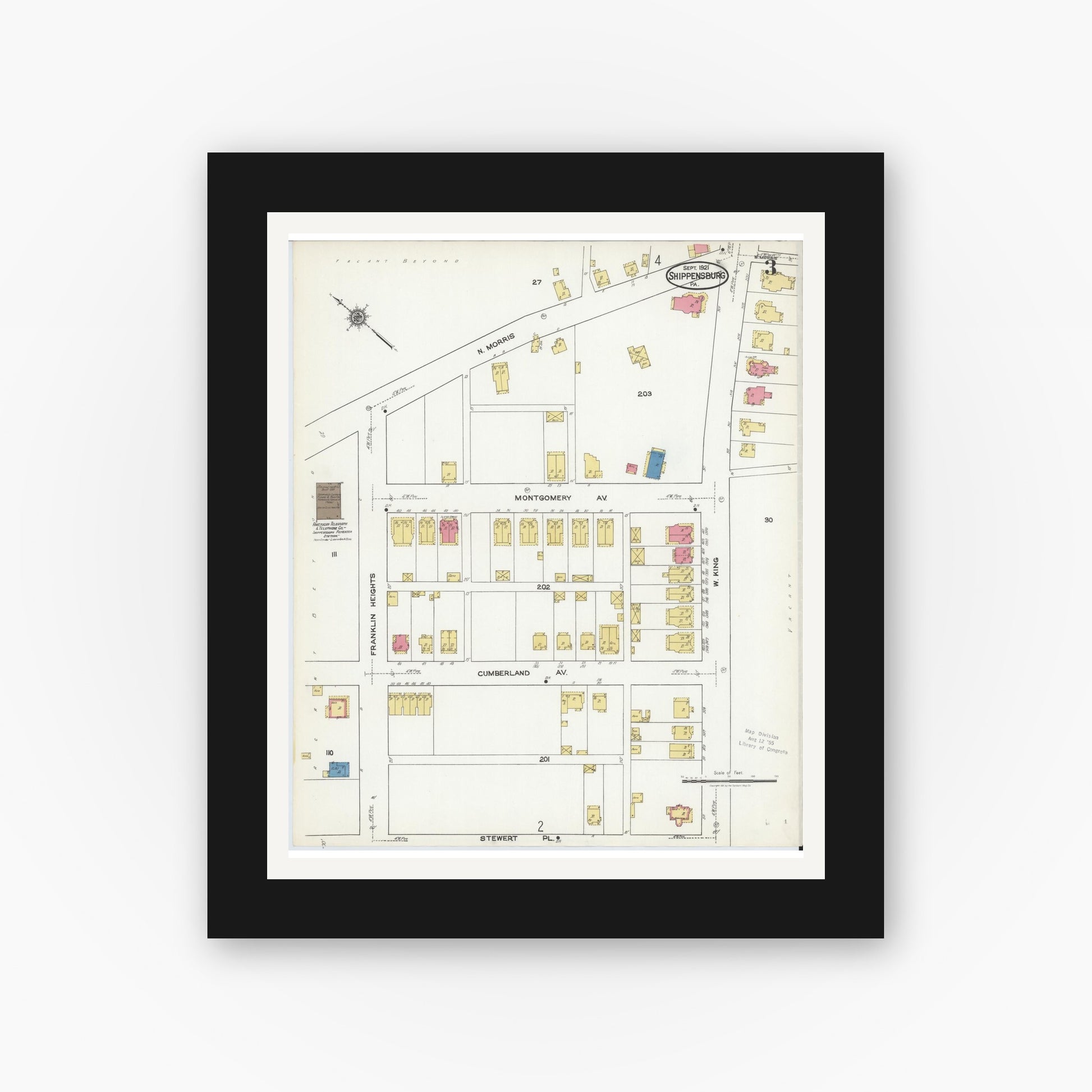 Old map wall art mockup — black gallery frame with white mat — Sanborn Fire Insurance Map from Shippensburg, Cumberland And Franklin Counties, Pennsylvania (1921), Sheet #0003