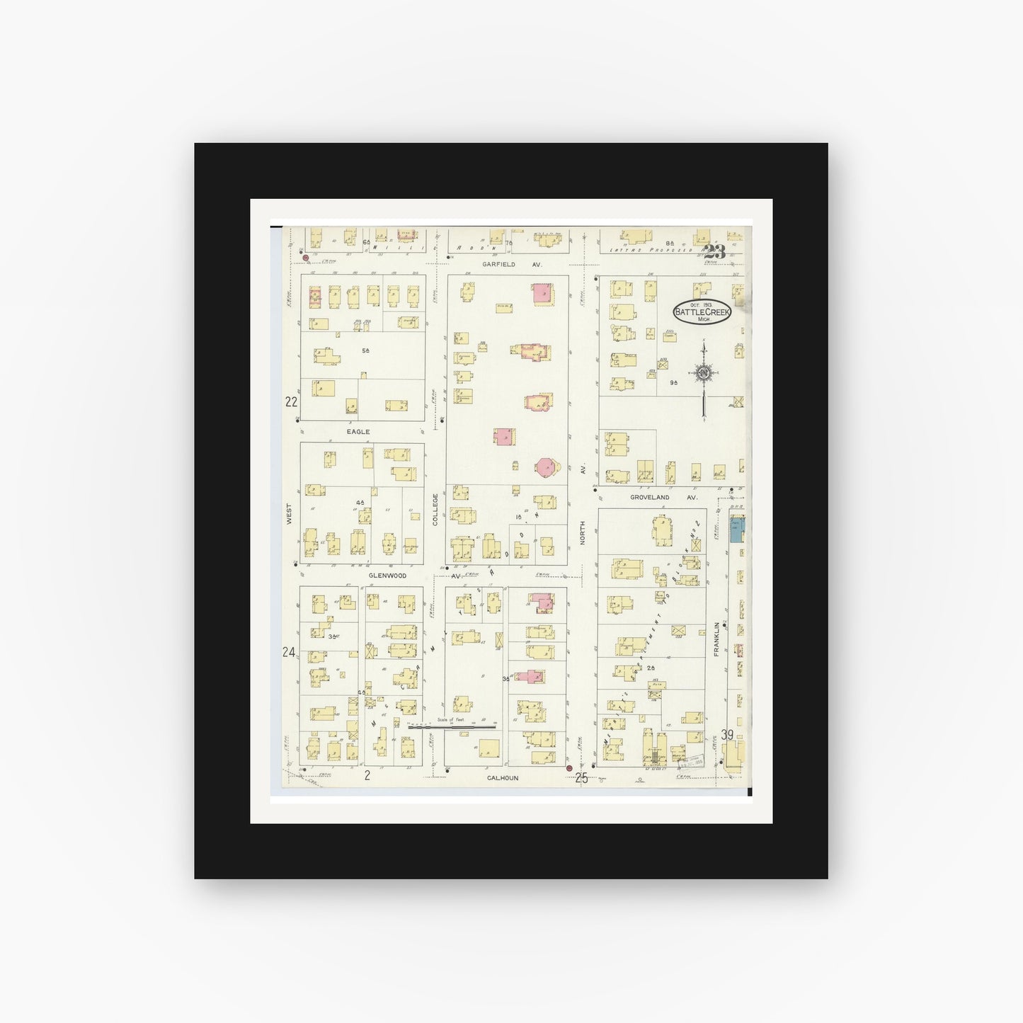 Old map wall art mockup — black gallery frame with white mat — Sanborn Fire Insurance Map from Battle Creek, Calhoun County, Michigan (1913), Sheet #0023