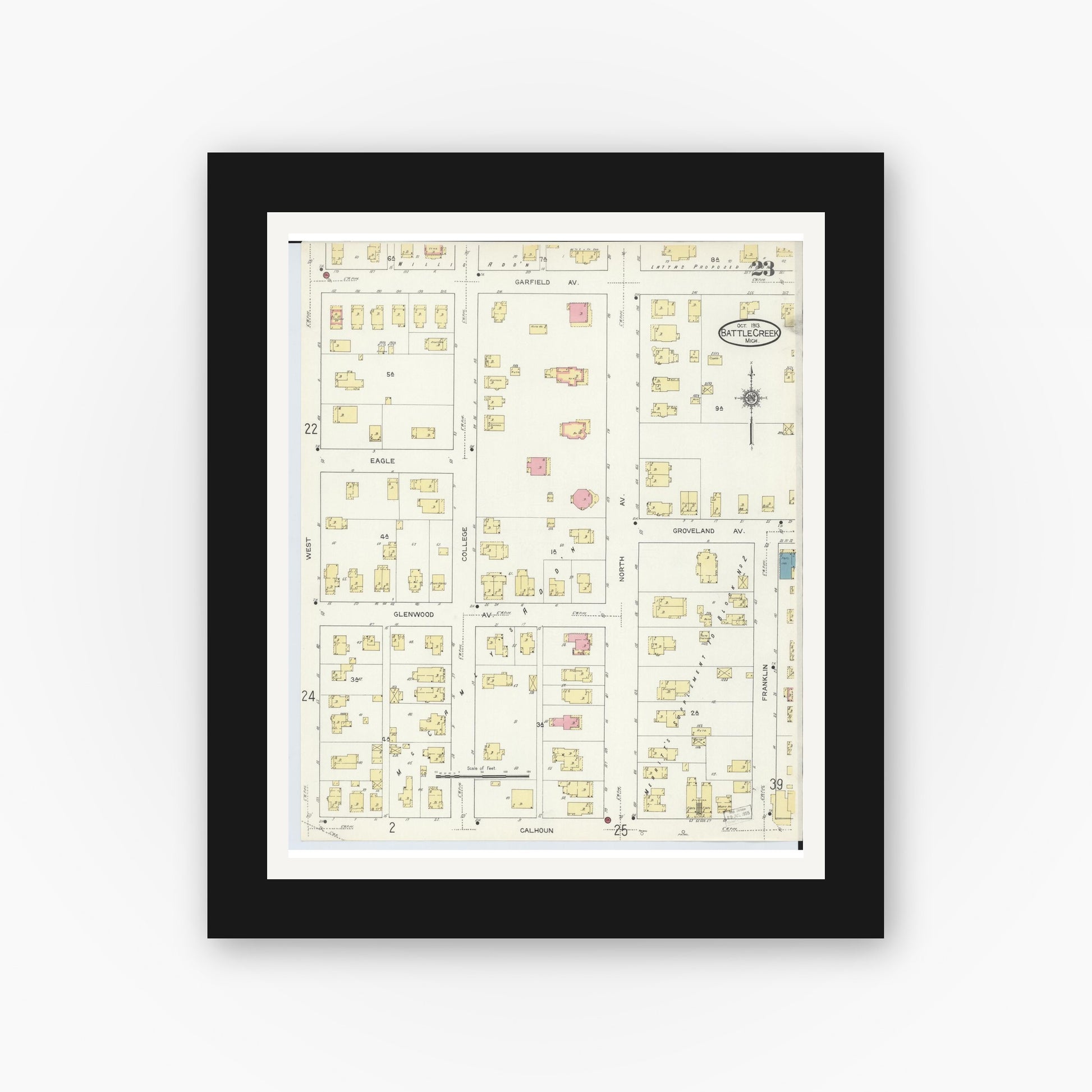 Old map wall art mockup — black gallery frame with white mat — Sanborn Fire Insurance Map from Battle Creek, Calhoun County, Michigan (1913), Sheet #0023