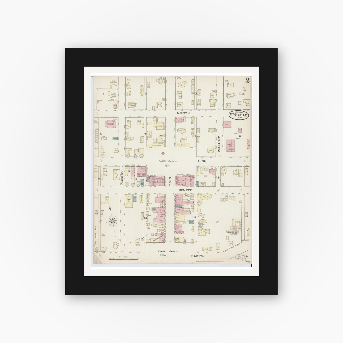 Old map wall art mockup — black gallery frame with white mat — Sanborn Fire Insurance Map from Mount Gilead, Morrow County, Ohio (1885), Sheet #0002