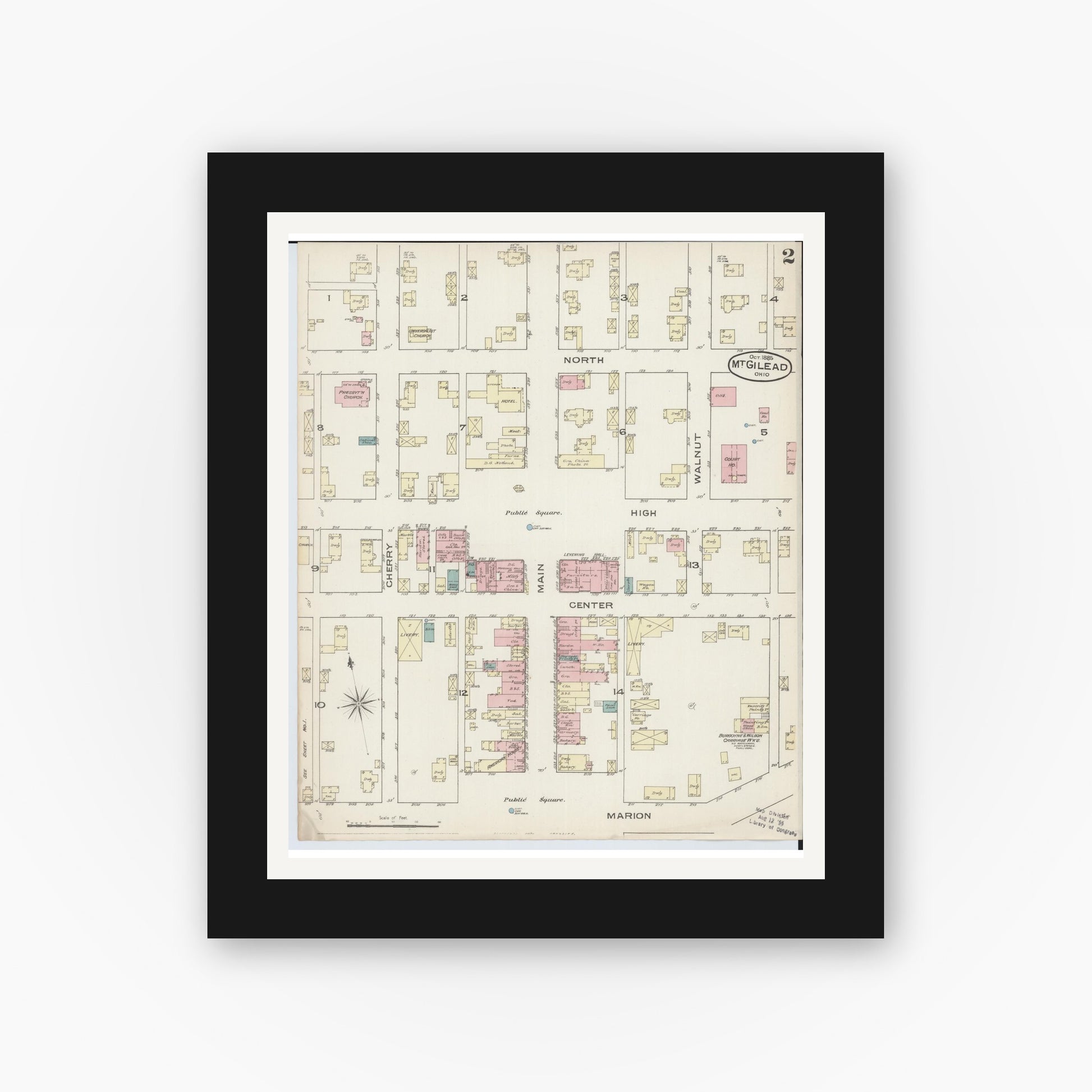 Old map wall art mockup — black gallery frame with white mat — Sanborn Fire Insurance Map from Mount Gilead, Morrow County, Ohio (1885), Sheet #0002