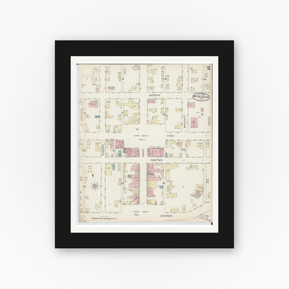 Old map wall art mockup — black gallery frame with white mat — Sanborn Fire Insurance Map from Mount Gilead, Morrow County, Ohio (1885), Sheet #0002
