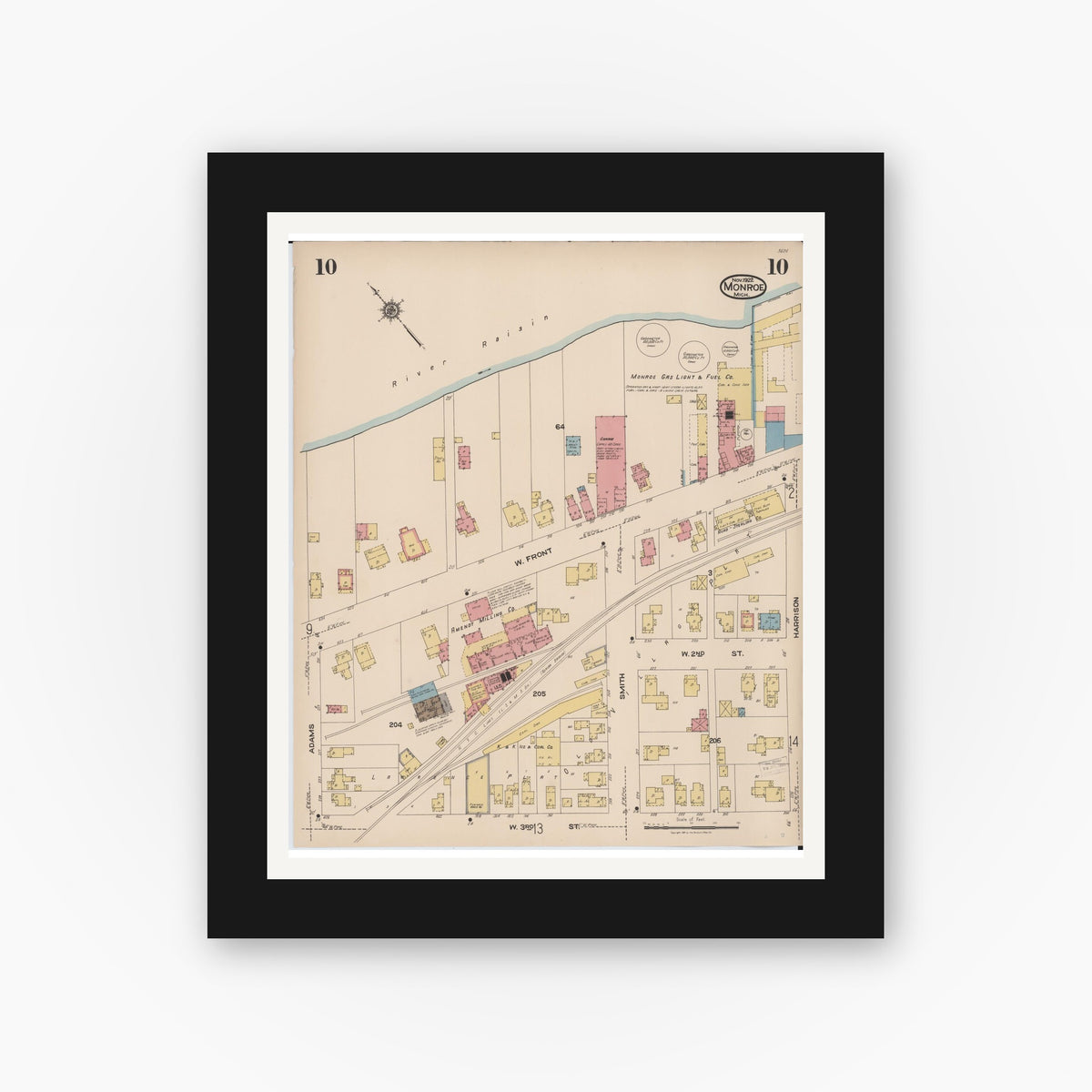 Old map wall art mockup — black gallery frame with white mat — Sanborn Fire Insurance Map from Monroe, Monroe County, Michigan (1922), Sheet #0010