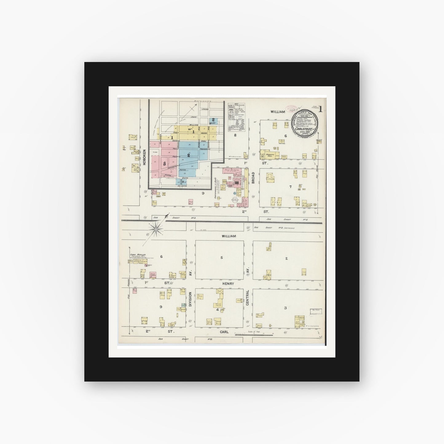 Old map wall art mockup — black gallery frame with white mat — Sanborn Fire Insurance Map from Carlstadt, Bergen County, New Jersey (1890) - Complete Map Set
