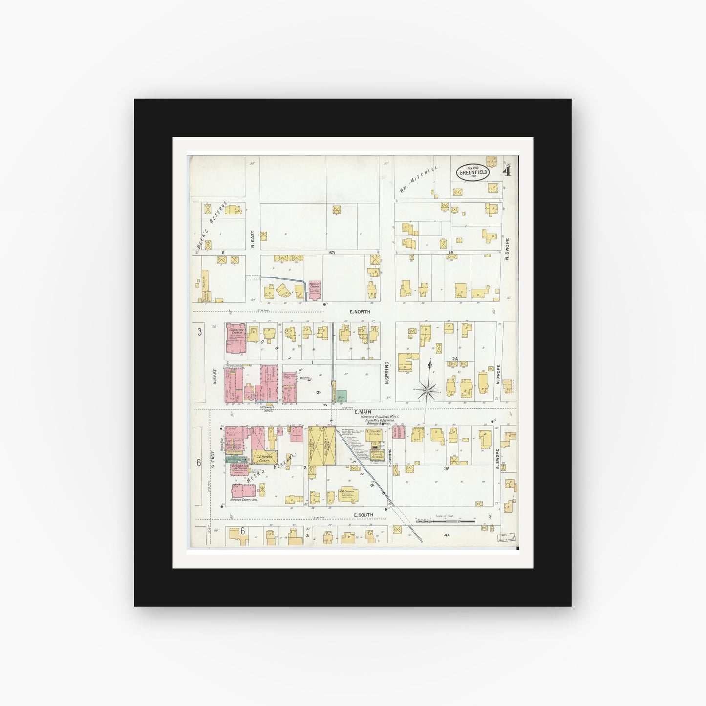 Old map wall art mockup — black gallery frame with white mat — Sanborn Fire Insurance Map from Greenfield, Hancock County, Indiana (1900), Sheet #0004