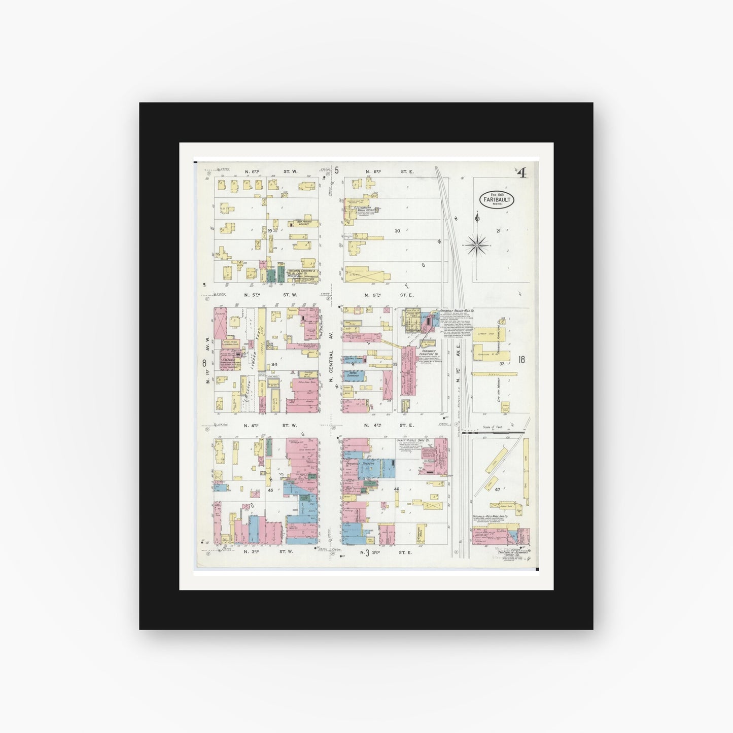 Old map wall art mockup — black gallery frame with white mat — Sanborn Fire Insurance Map from Faribault, Rice County, Minnesota (1909), Sheet #0004