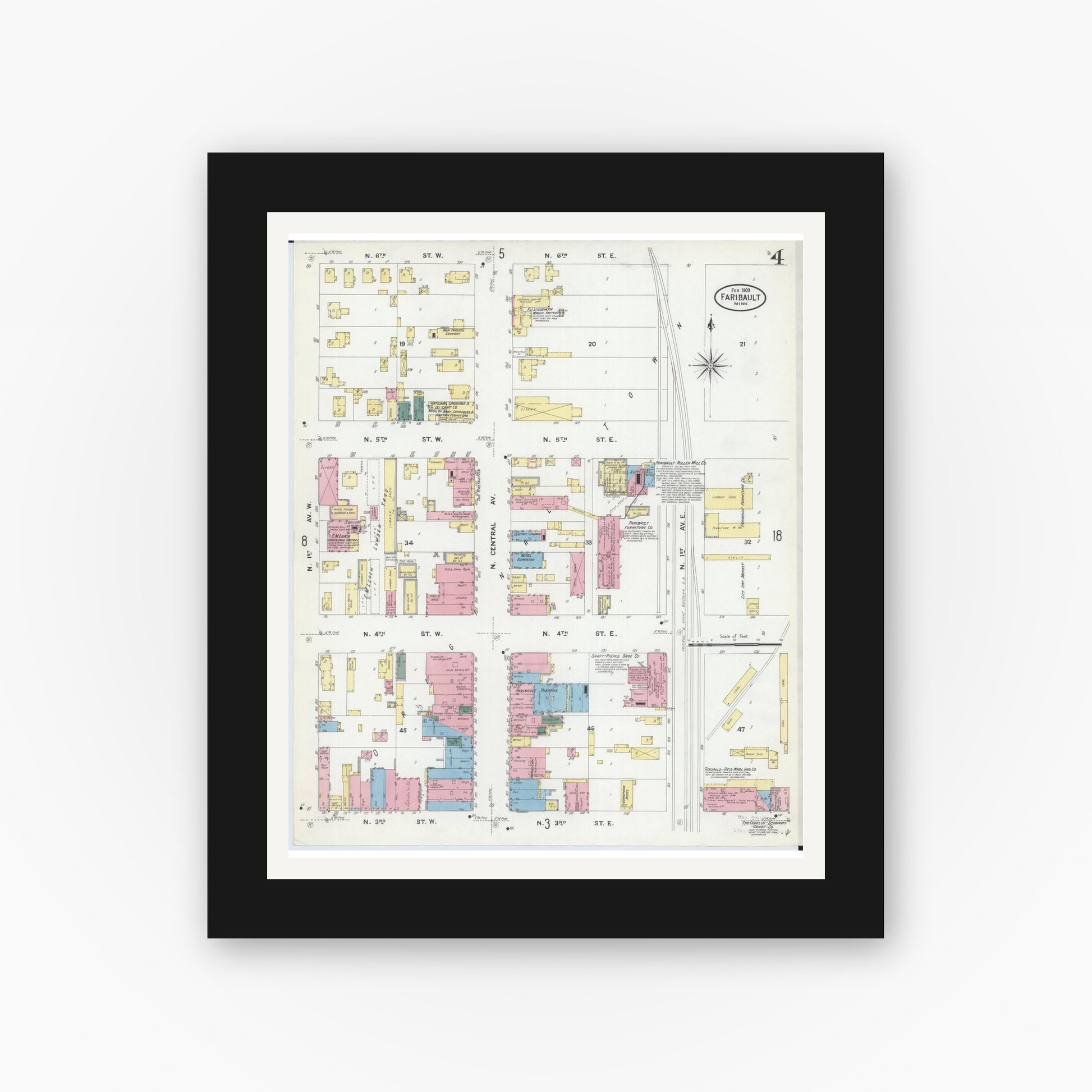 Old map wall art mockup — black gallery frame with white mat — Sanborn Fire Insurance Map from Faribault, Rice County, Minnesota (1909), Sheet #0004