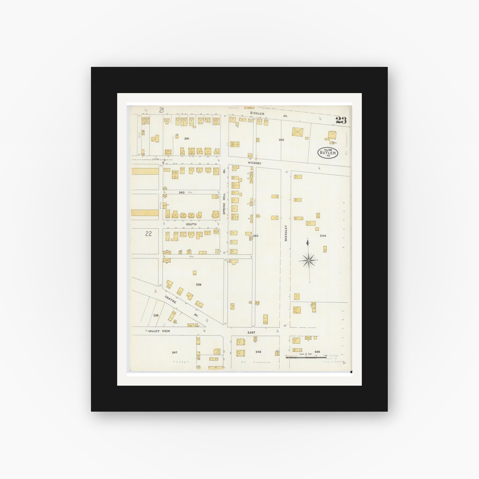 Old map wall art mockup — black gallery frame with white mat — Sanborn Fire Insurance Map from Butler, Butler County, Pennsylvania (1906), Sheet #0023