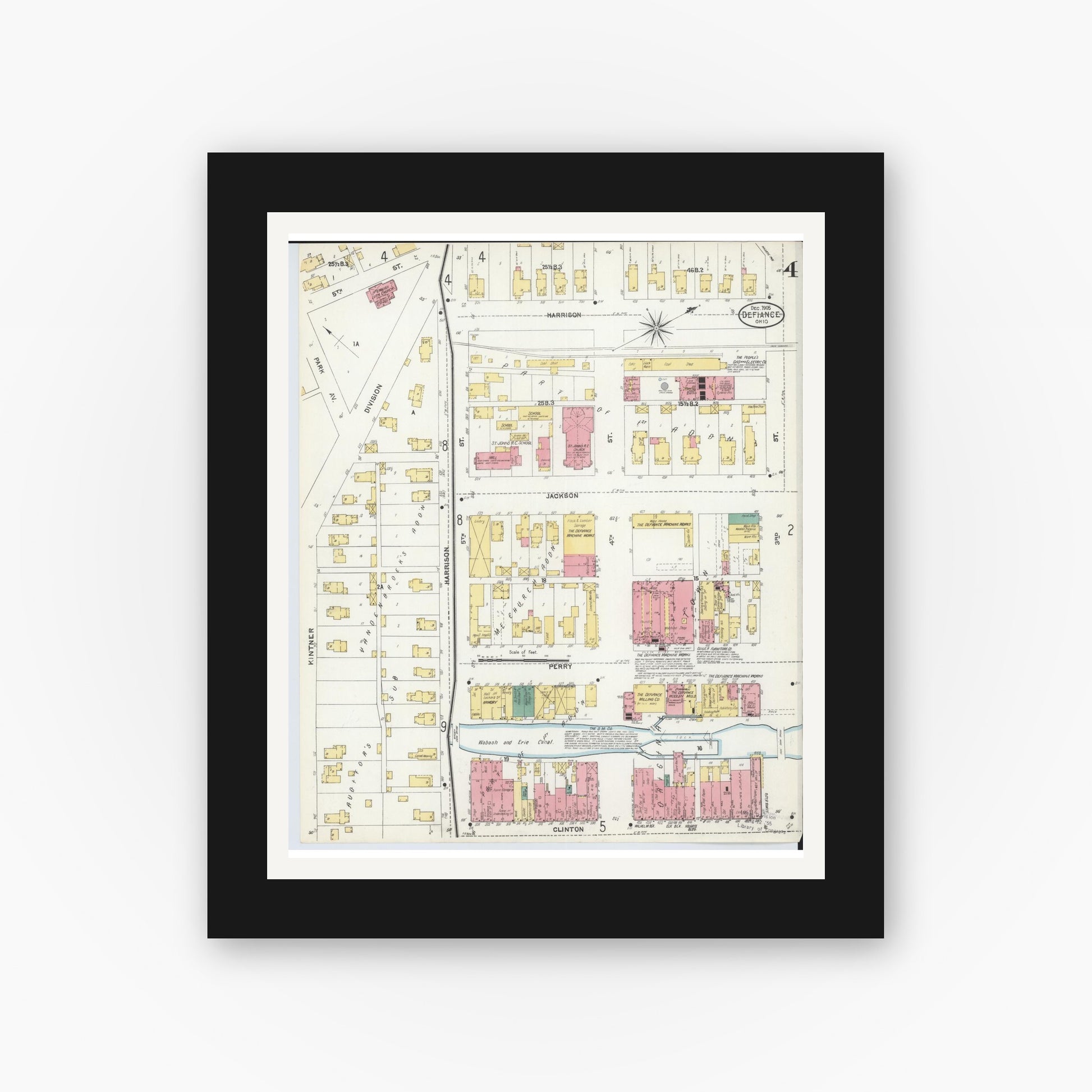 Old map wall art mockup — black gallery frame with white mat — Sanborn Fire Insurance Map from Defiance, Defiance County, Ohio (1905), Sheet #0004
