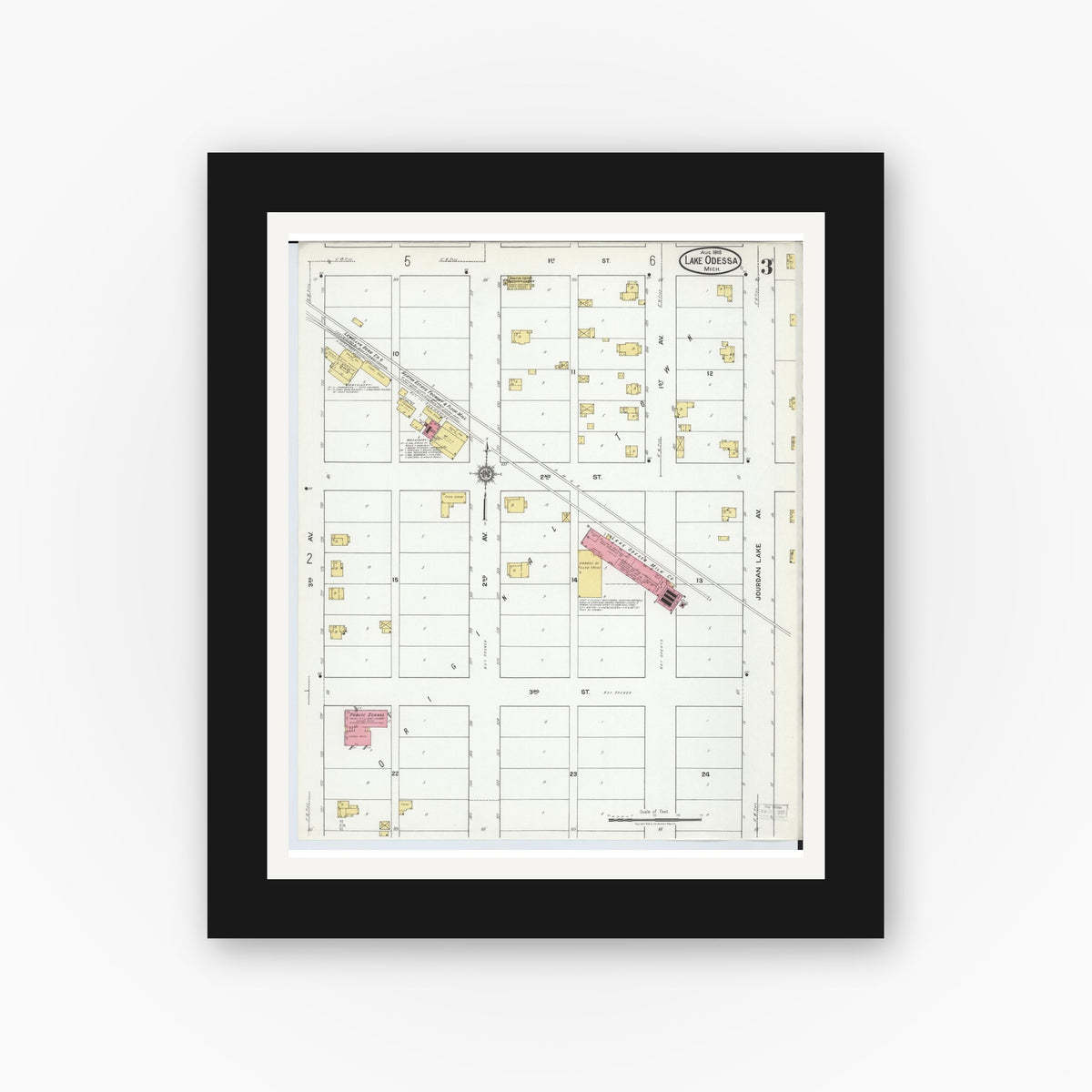 Old map wall art mockup — black gallery frame with white mat — Sanborn Fire Insurance Map from Lake Odessa, Ionia County, Michigan (1918), Sheet #0003