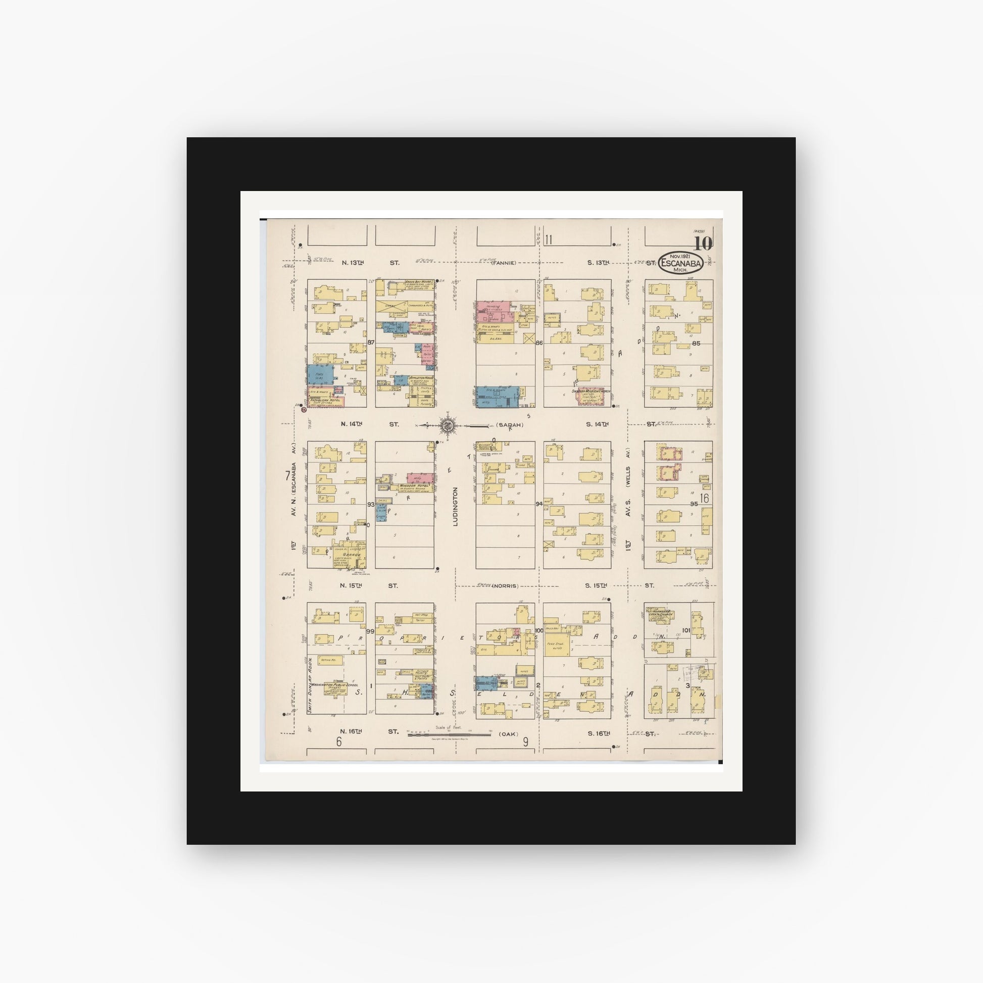 Old map wall art mockup — black gallery frame with white mat — Sanborn Fire Insurance Map from Escanaba, Delta County, Michigan (1921), Sheet #0010