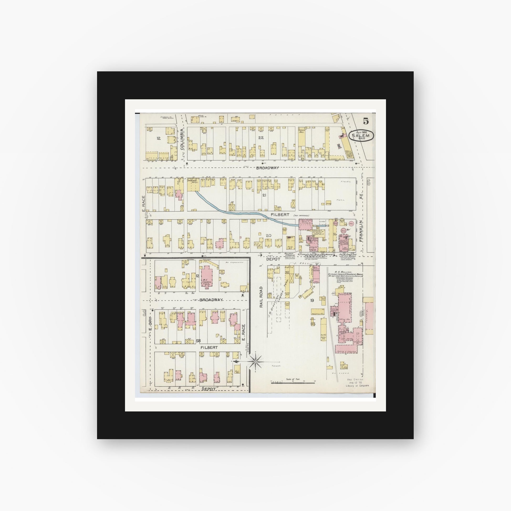 Old map wall art mockup — black gallery frame with white mat — Sanborn Fire Insurance Map from Salem, Columbiana County, Ohio (1892), Sheet #0005
