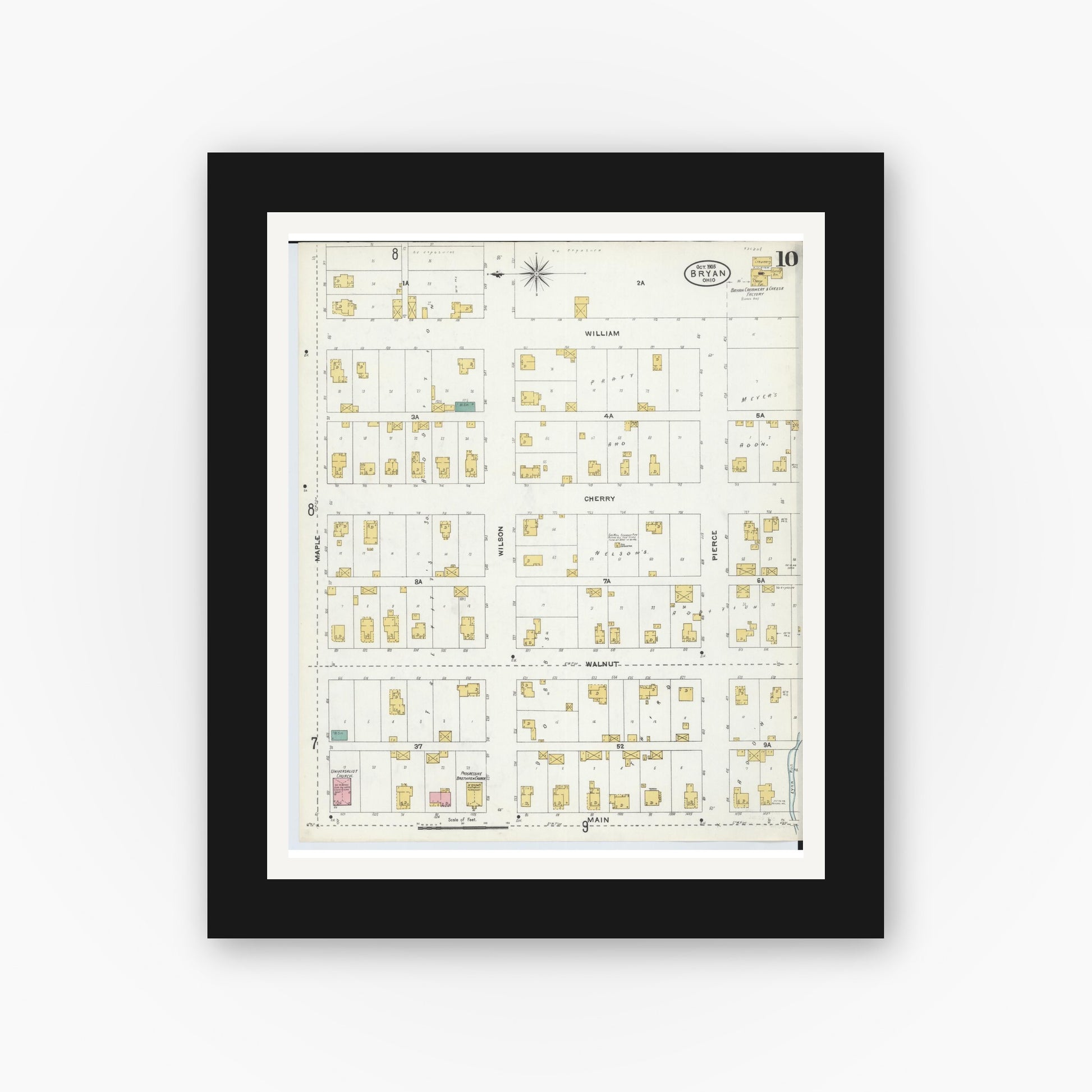 Old map wall art mockup — black gallery frame with white mat — Sanborn Fire Insurance Map from Bryan, Williams County, Ohio (1905), Sheet #0010